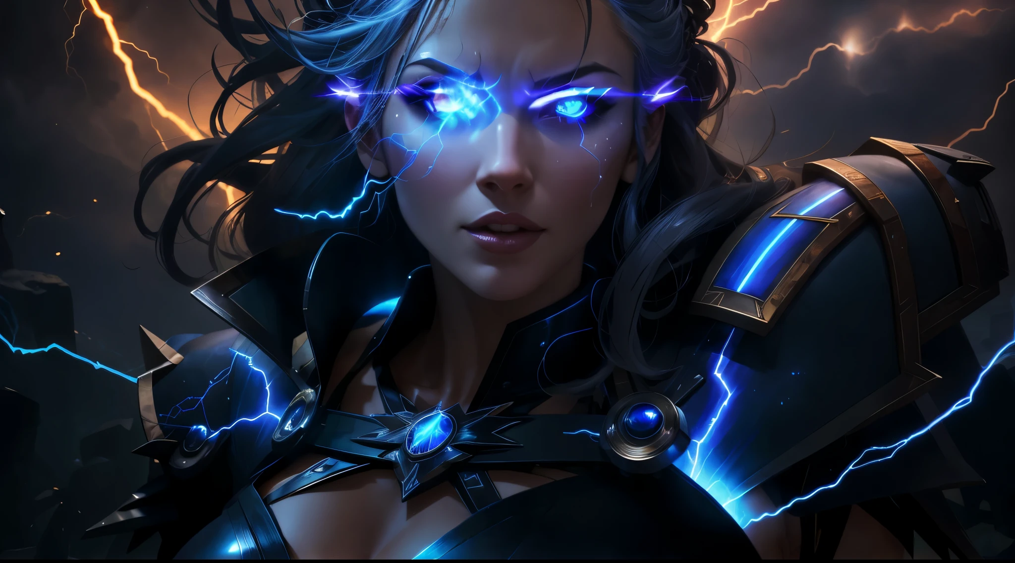 closeup of an electromancer, path of exile elementalist, woman in front of a bunch of lightning with a lightning bolt in her chest, menacing look, goddess of lightning, goddess of thunder, thunderbolts
