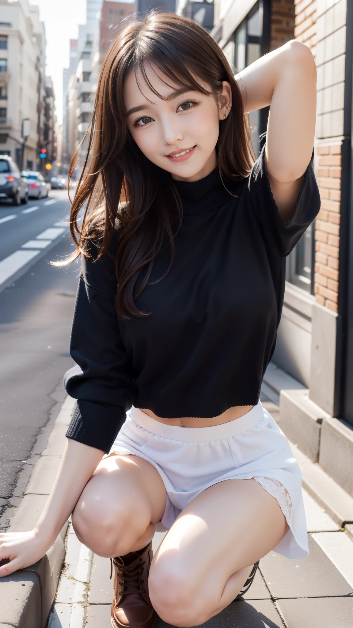 Photo taken by a professional photographer，laughter:1.5，Close-up of a woman squatting on the sidewalk, wearing a sweater, Short-cut brown hair, young and cute girl, Wearing a flared skirt，I can see her small white panties:1.5，Wear stylish boots，