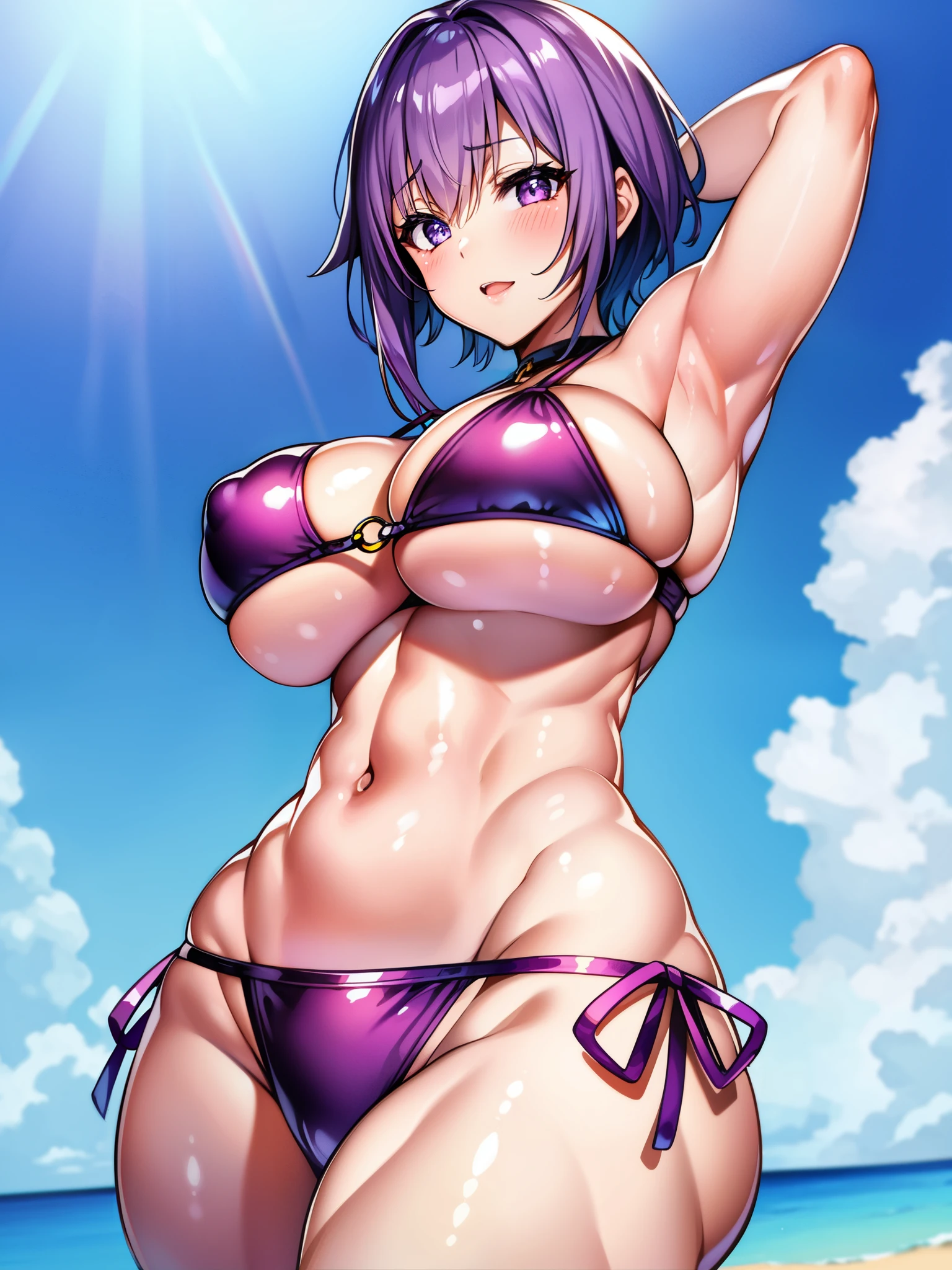 1 girl、swimsuit、solo、purple hair、belly button、Purple eye、スリングショットswimsuit、looking at the camera、armpit、cleavage、分けlips、Arm up、bikini、short hair、lips、big breasts、blush、shiny、cross halter、 (masterpiece)、(highest quality)、mature woman、Shiny skin、(beach:0.9)