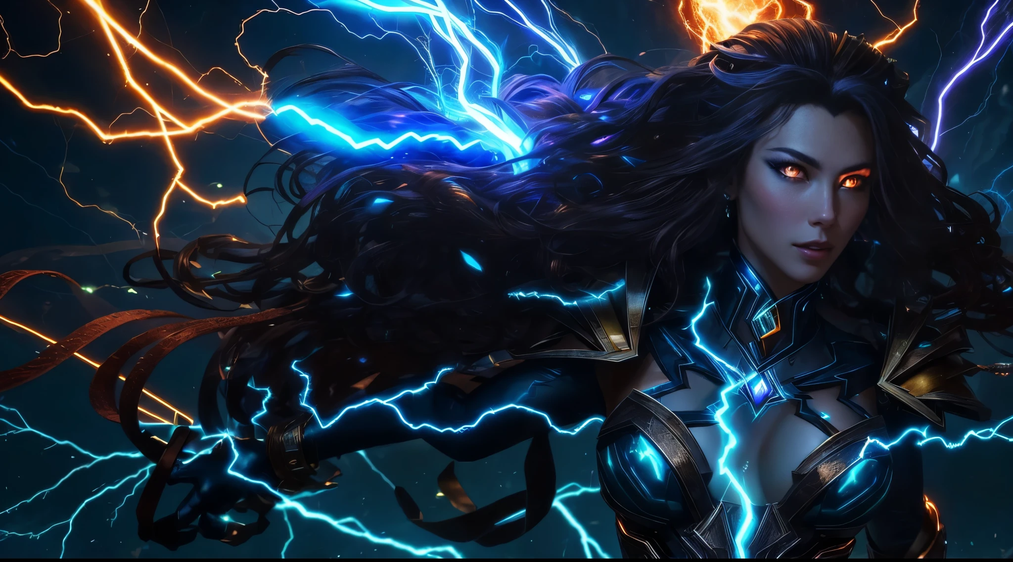 closeup of an electromancer, path of exile elementalist, woman in front of a bunch of lightning with a lightning bolt in her chest, menacing look, goddess of lightning, goddess of thunder, thunderbolts