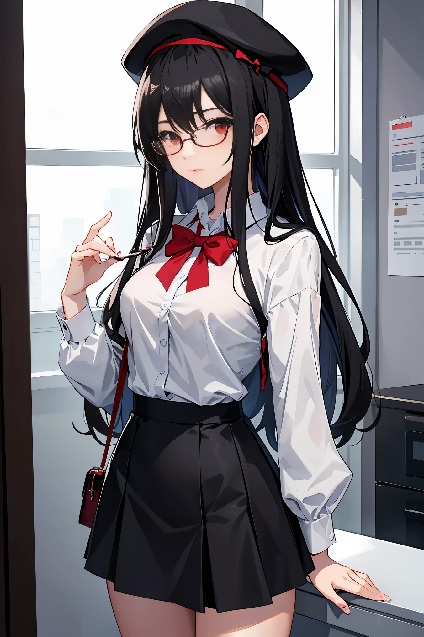 an anime girl, 1 person, black hair, Glasses, black hat, light red eyes, white women&#39;s shirt, Small light blue bow on the chest, office, shirt close to the body, tight skirt, ,whole body, big breasts, Front view, alone