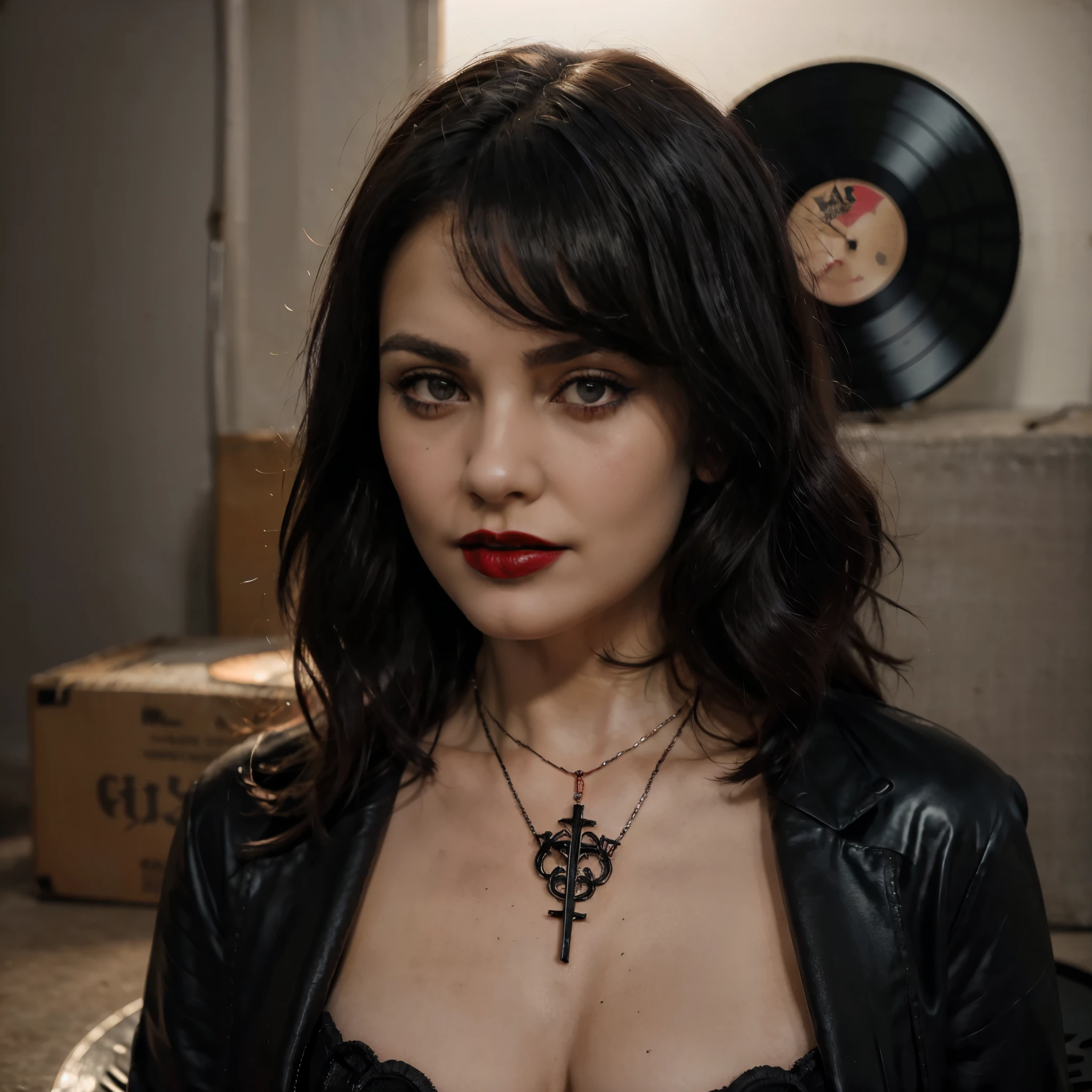 Beautiful 20 year old woman, large tits, with short messy wavy black hair, wearing a red corset with black accents and black cloak, standing in a foggy cemetery at night, (red lipstick:1.5), realistic skin texture, (cross necklace:1.2), (looking at camera:1.3), (Vinyl Record Cover and Gothic Art:1.4), photo realistic, 8k