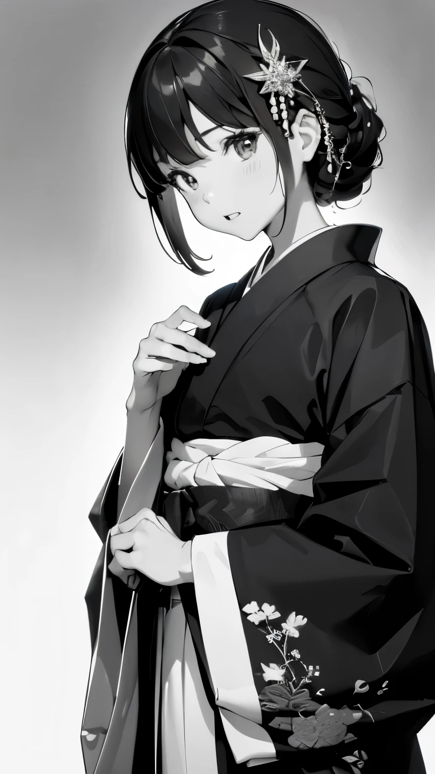 (((a black and white photo:1.2、film grain、RAW photo)))、one woman、１８talent、unparalleled beauty、beautiful teeth、natural look、small nose、plump lips、Beautiful silky straight hair、Riman、Beautiful kimono figure、heavy kimono、Yamato Nadeshiko、blurred background:1.5、medium depth of field, photographed on a Canon 5D, 50mm lens, f/4 aperture, (very detailed, intricate details), sharp focus, calm colors, 8K, a black and white photo、a black and white photo、confused, 8mmfilm grain