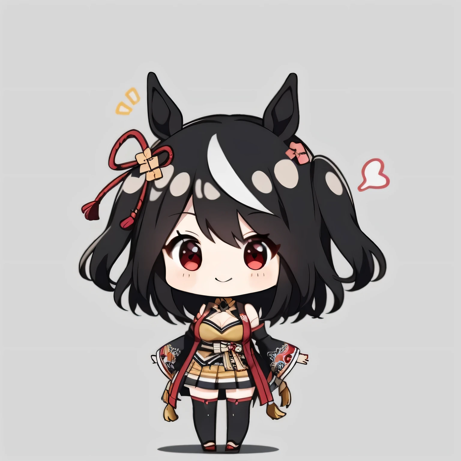 masterpiece、cute、Kitasan_black_umamusume, animal ears, short hair, striped hair, hair ornaments, medium breasts, horse tail, cleavage, clothing clippings, removed sleeve, shimenawa, skirt, blackニーソ, Little、Little, smile, Color 0n icon、ik1、full body description, 1 girl、cartoon bones、a bit:1,a bitkyara, cowboy shot, alone, dynamic pose, a bit, Full body Esbian, white background, solid background, simple background