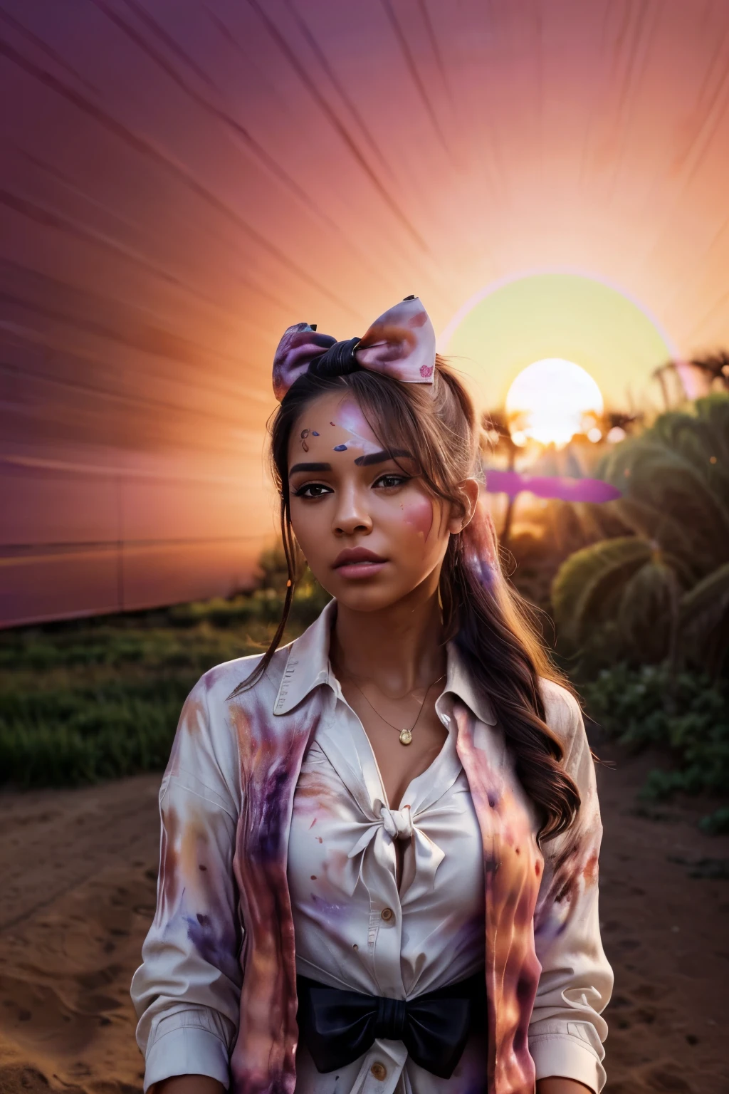 a mixed-race woman is on a film set, waiting, she leans on a ((red brand cinema v-raptor XL 8k camera:1.1)) next to her, she's standing on a gravel backlot, (surreal painted sunset:1.8) artificial backdrop behind, a portrait is being taken of her on set, professional high fashion, picture is taken by Leica M camera, Hasselblad H6D digital, hyper realistic skin and textures, every detail captured, high resolution face, skin, eyes ,eyelashes, the shadows are dark and rich, luscious saturation and contrast, the woman is dressed ((in drapey white button-up shirt, jacket blazer, bows in hair, peak-a-bow tights:1.2, and black shoes)), black bow in her (black hair, tied back, behind her ears, up in bow twist, messy strands frame her cherub face), rosy cheeks, she stands relaxed and comforted by camera, lovely and elegant woman