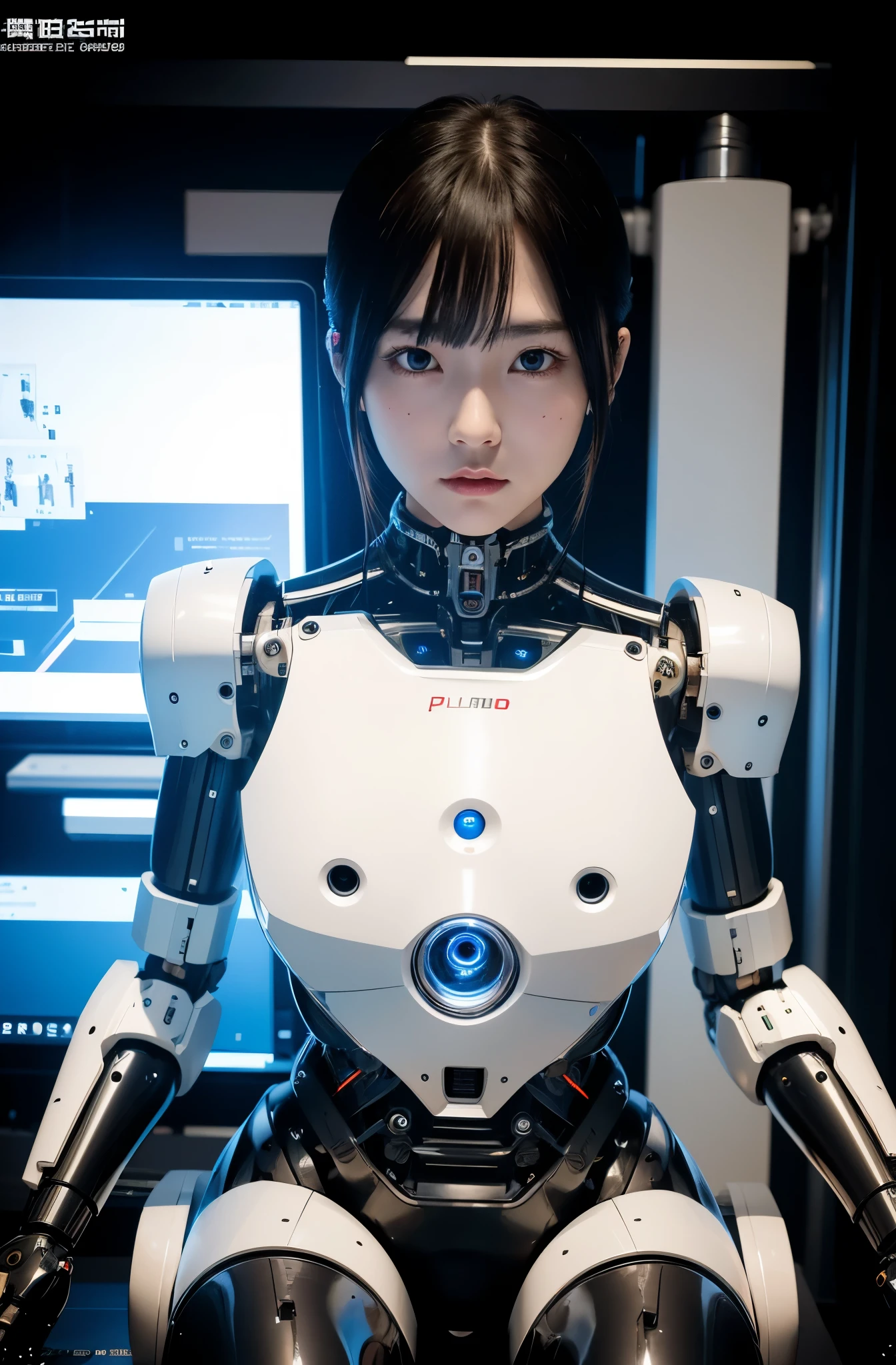 masterpiece, best quality, extremely detailed,  Japaese Cyborg girl,Plump , control panels,android,Droid,Mechanical Hand, Robot arms and legs, Black Robot Parts,Black hair,Mechanical body,Blunt bangs,White robotics parts,perfect robot girl,long tube,thick cable connected her neck,ceramic body ,mechanical body, mechanical ear cover, mechanical costume,android,robot,humanoid,cyborg,japanese android woman ,mechanical chest,full eyes,future laboratory,connecting a cable between the legs,