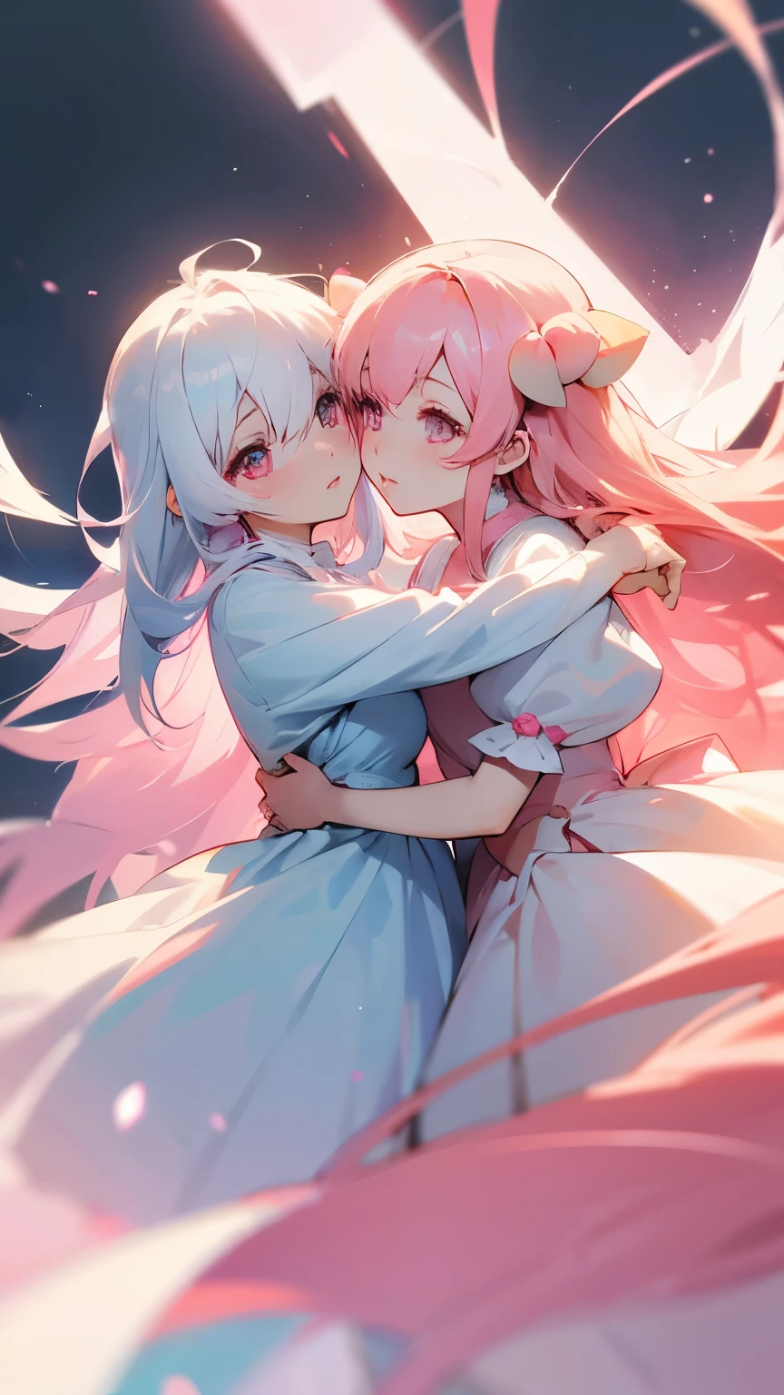 Create images of cute anime girls. White hair mixed with pink and peach ends, blue, long hair, peach pink eyes, white dress mixed with peach pink. Hug a white teddy bear
