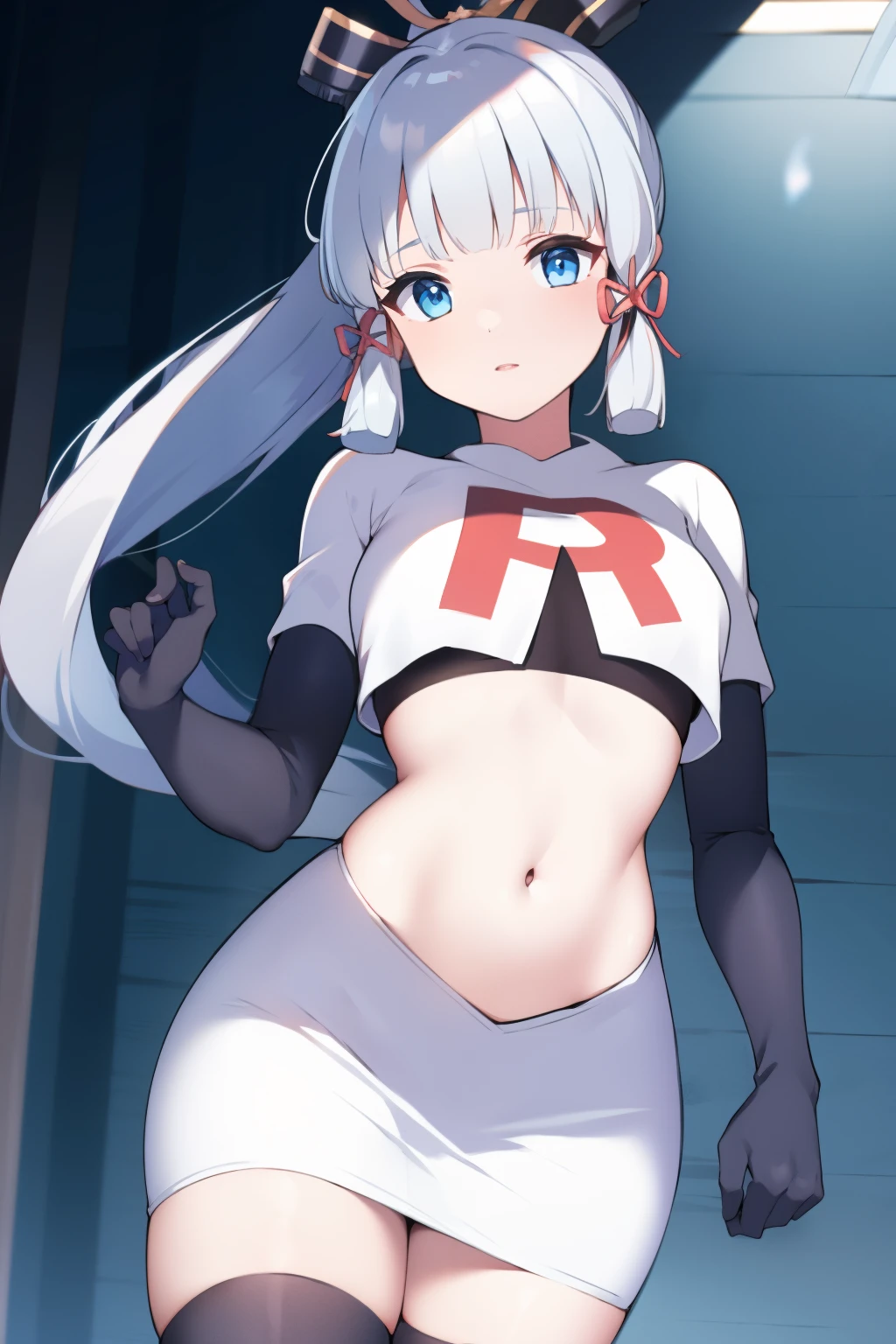 (masterpiece, best quality, ultra-detailed, illustration),genshin impact, kamisato, 1girl,solo,ayaka hair ornament,cowboy shot,ponytail, blunt bangs,blue eyes, eyebrows visible through hair, long hair, silver hair, looking at viewer,medium breasts,team rocket,team rocket uniform,white skirt,crop top,black thigh-highs,black elbow gloves,,