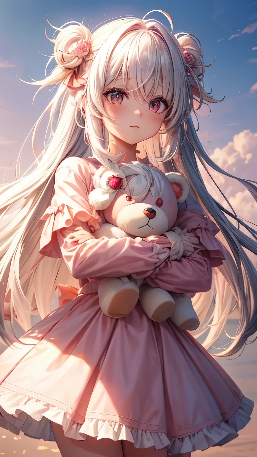 Create images of cute anime girls. White hair mixed with pink and peach ends Long hair tied on both sides, peach pink eyes, white outfit mixed with peach pink. Hug a white teddy bear