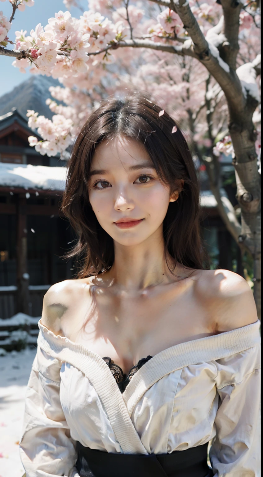 Real people,Real light and shadow,Backlight,Contour light,Shallow depth of field,night time,reddish brown hair,Young Japanese beauty admiring flowers in the snow,Smiling and looking at the camera, Wearing a low-cut, strapless Japanese kimono,The moonlight shines through her clothes onto her skin,Background mountain cherry blossom trees,The petals are scattered in the air and on the ground in the wind,Fireflies flying everywhere,taking photos by Fujifilm high-grain 400 film,full-body shot, wild-angle view