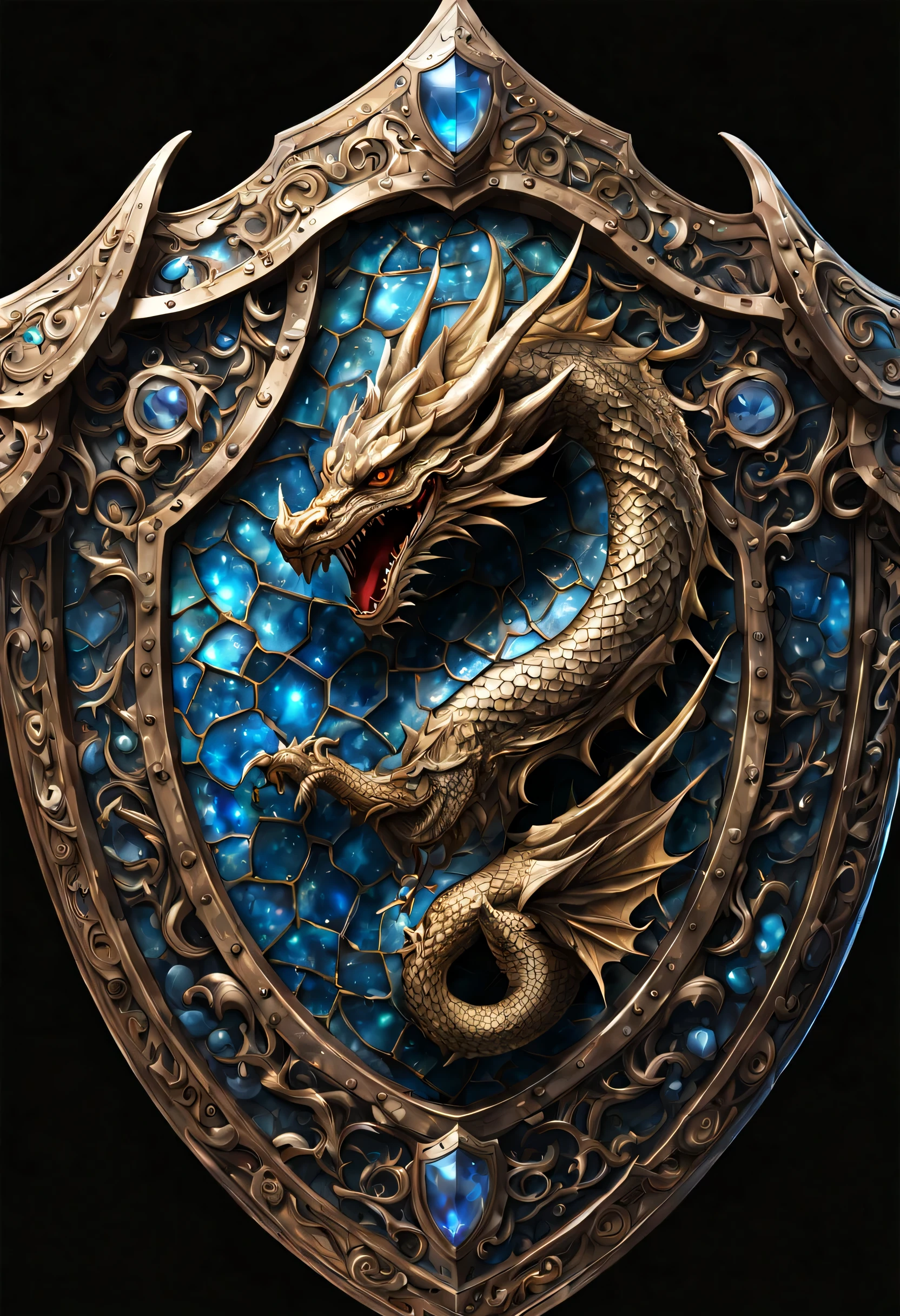 アイギスのshield:A deformed dragon design,Magic Stone,Metallic luster,inlay,beautiful光と影,light reflection,orthan rendering,Draw in detail,Super detailed,clear pattern,beautiful,works of art,masterpiece,made by a master,伝説のshield,aegis:shield,Photoreal,fantasy,3D,8K,three-dimensional sense,cool