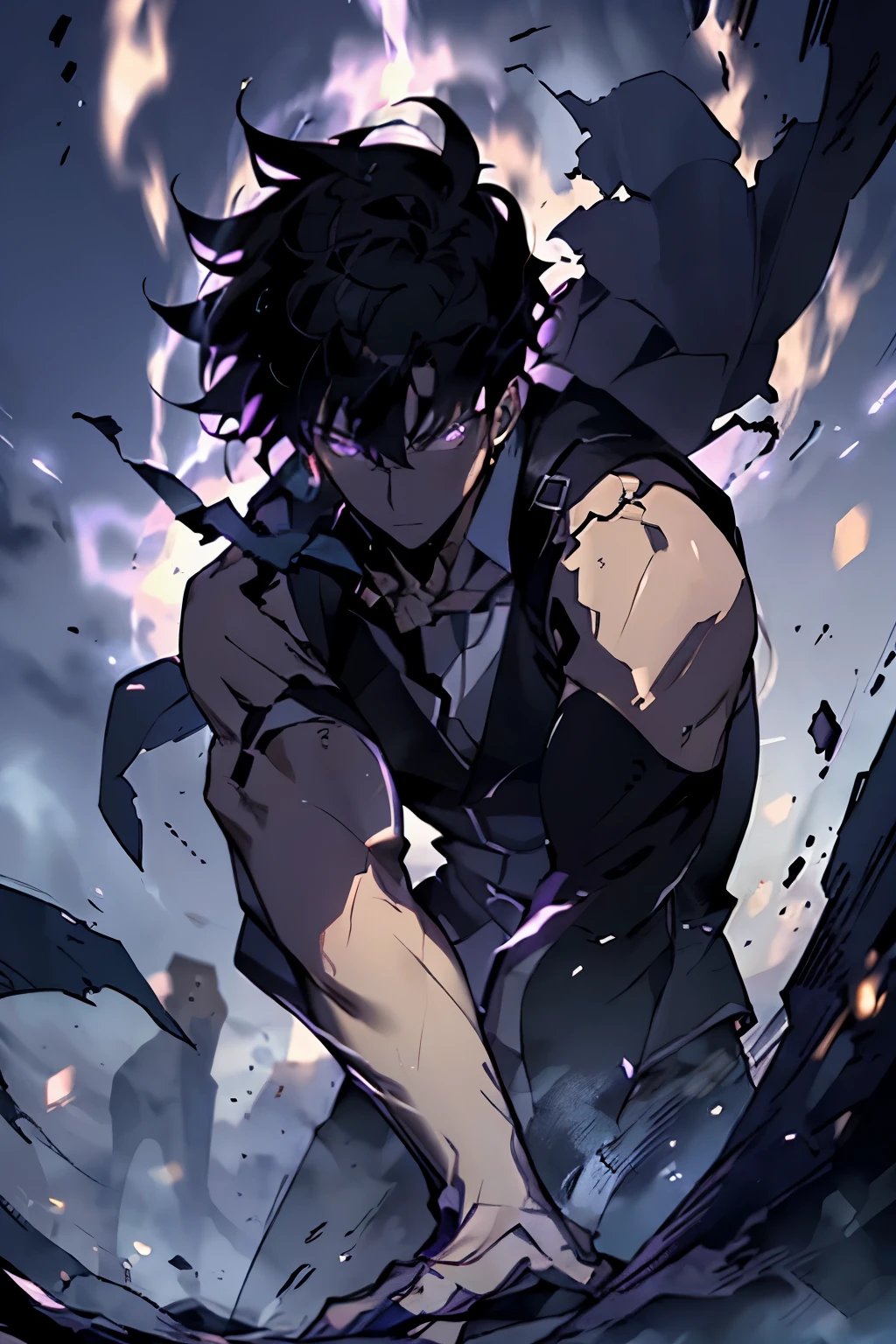 Craft a powerful poster featuring Solo Leveling's Sung Jin Woo, aged 20. Picture him in a sleek black vest, charging forward with a small, intricately detailed sword. Against a dark cityscape, showcase his determined expression, emphasizing his compelling purple eyes. Illuminate the scene with dramatic lighting to intensify the overall impact, capturing Sung Jin Woo's formidable presence and strength