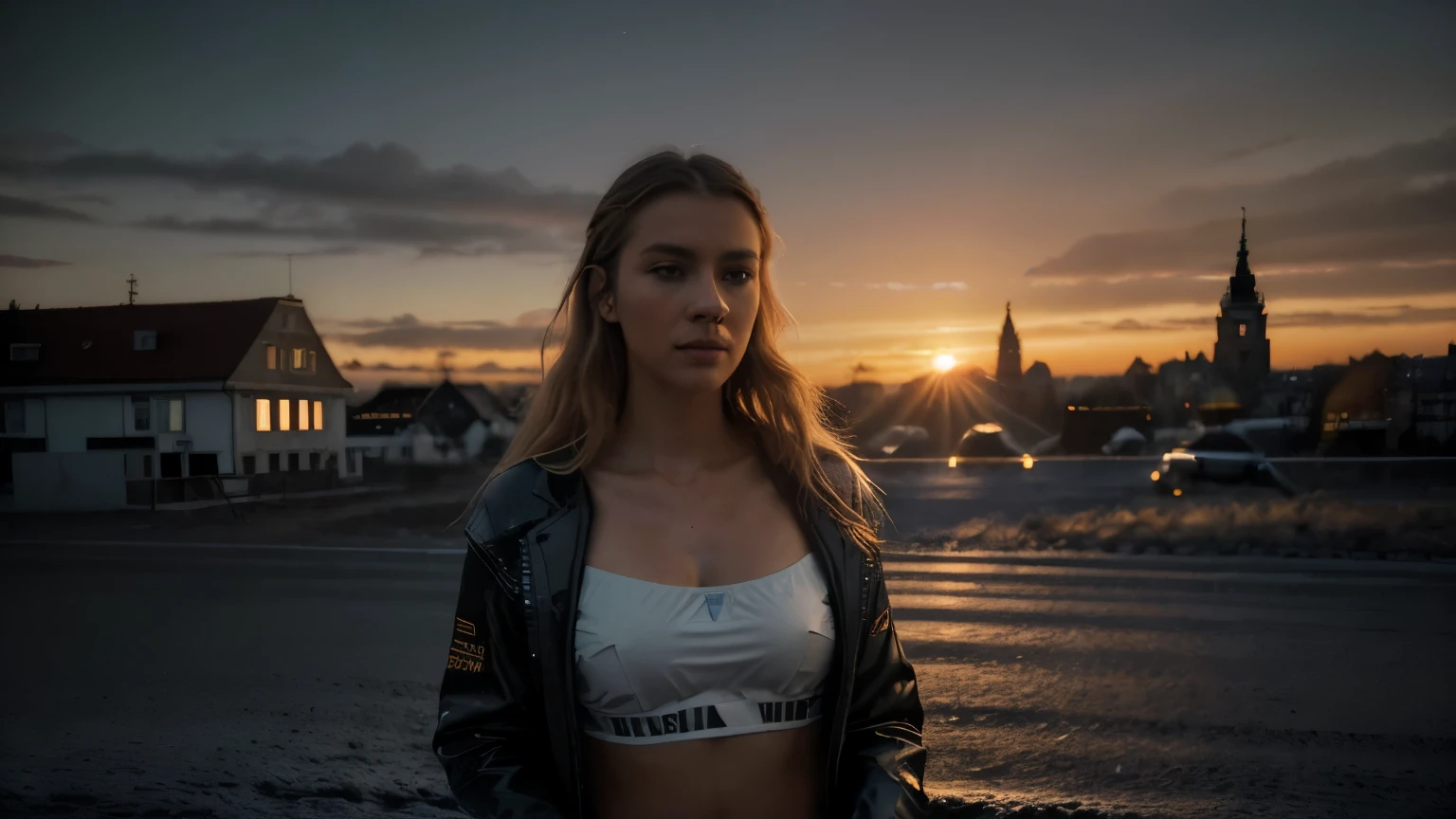 uma foto de modelo de um (Beautiful German woman:1.2), (olhar sedutor:1.2), peituda, Standing on an abandoned street corner at night, vestindo roupa de ioga, telefoto fotografia, Parte superior do corpo de perto, detalhe intrincado, pele intrincada, sardas sutis, cabelos intrincados, Hamburgo, Alemanha, (atmosfera:1.2), (Confusion:1.3), soft ambient lighting, A Expanse Scifi, Fibonacci, intricado, altamente detalhado, pintura digital, art station, arte conceitual, Cor rica, suave, Sharp focus, illustration, Motor irreal 5, 8K, (((Cinematic))), (((sunrise))))