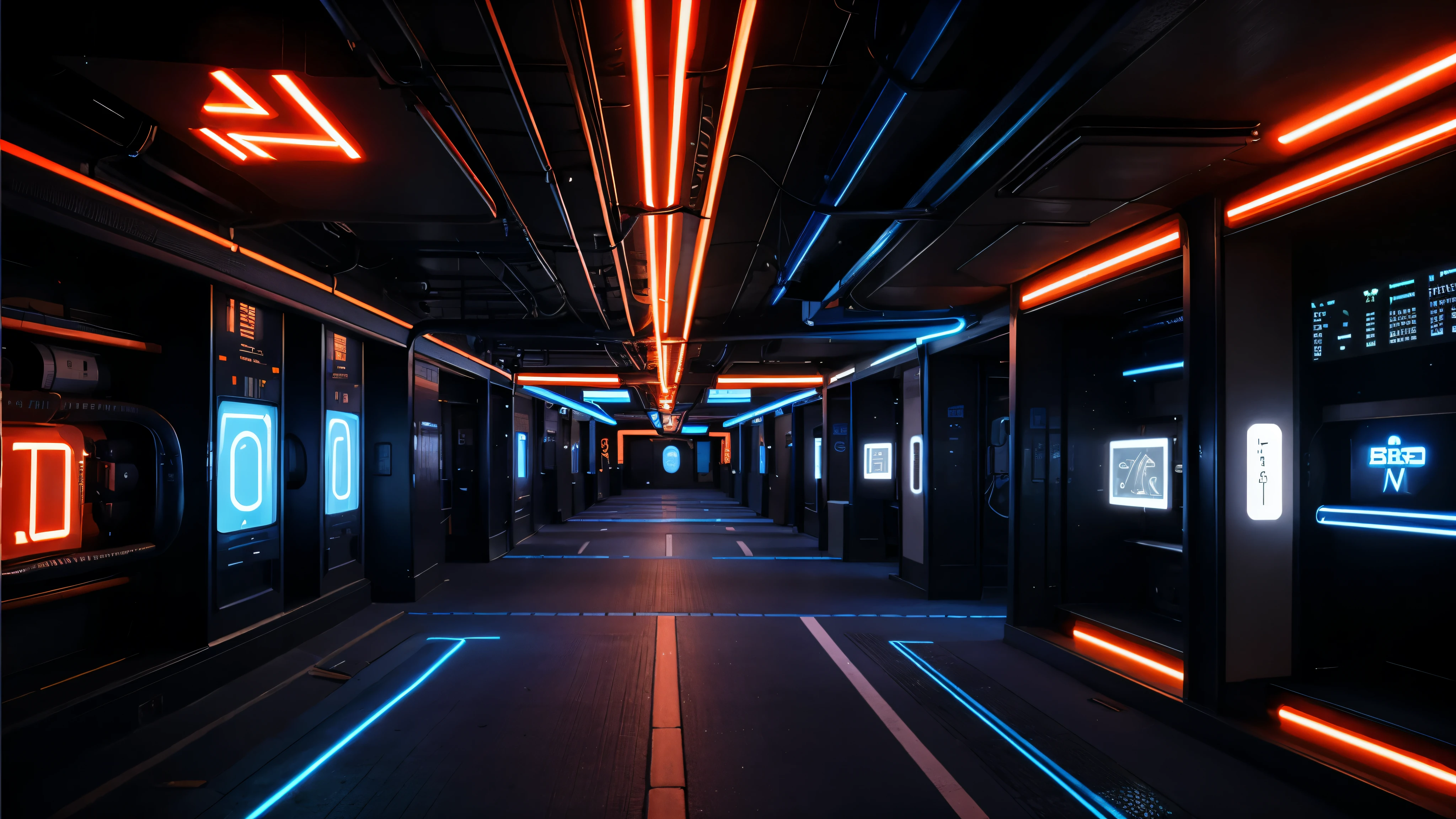 Glowing optical cables transferring information blue and orange neon background