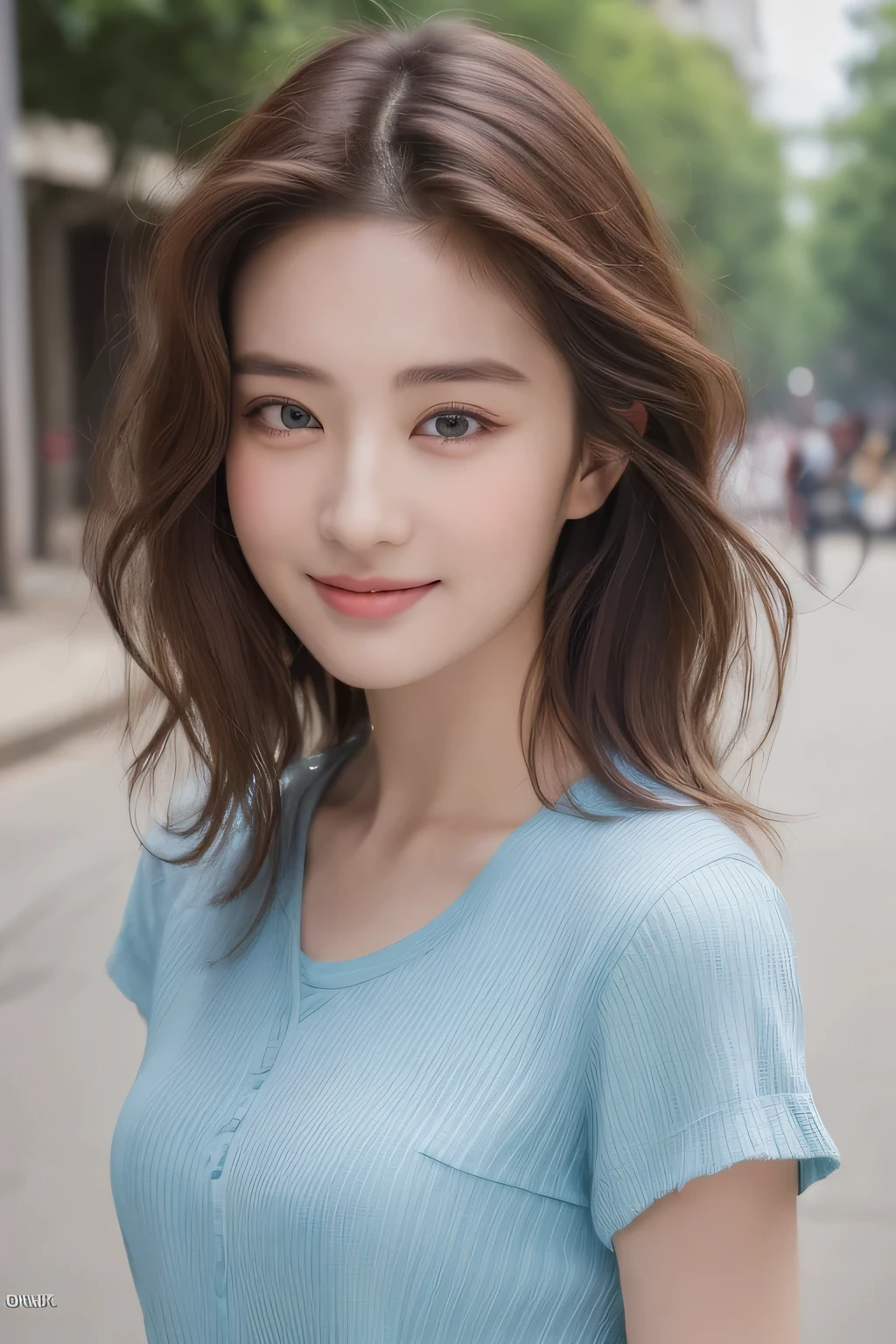 ((highest quality、8K、masterpiece:1.3))、sharp focus:1.2、perfect body beauty:1.4、slim abs:1.2、((layered hairstyles:1.2))、(short sleeve shirt:1.1)、(street:1.2)、Highly detailed face and skin texture、narrow eyes、double eyelid、laughter
