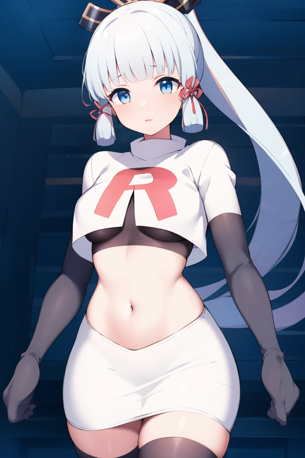 (masterpiece, best quality, ultra-detailed, illustration),genshin impact, kamisato, 1girl,solo,ayaka hair ornament,cowboy shot,ponytail, blunt bangs,blue eyes, eyebrows visible through hair, long hair, silver hair, looking at viewer,medium breasts,team rocket,team rocket uniform,white skirt,crop top,black thigh-highs,black elbow gloves,,