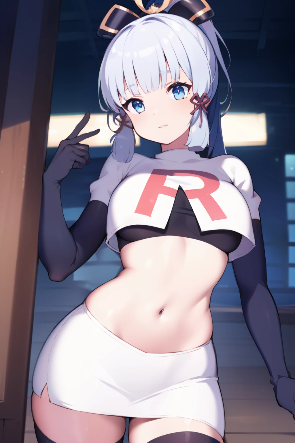 (masterpiece, best quality, ultra-detailed, illustration),genshin impact, kamisato, 1girl,solo,ayaka hair ornament,cowboy shot,ponytail, blunt bangs,blue eyes, eyebrows visible through hair, long hair, silver hair, looking at viewer,medium breasts,team rocket,team rocket uniform,white skirt,crop top,black thigh-highs,black elbow gloves,,