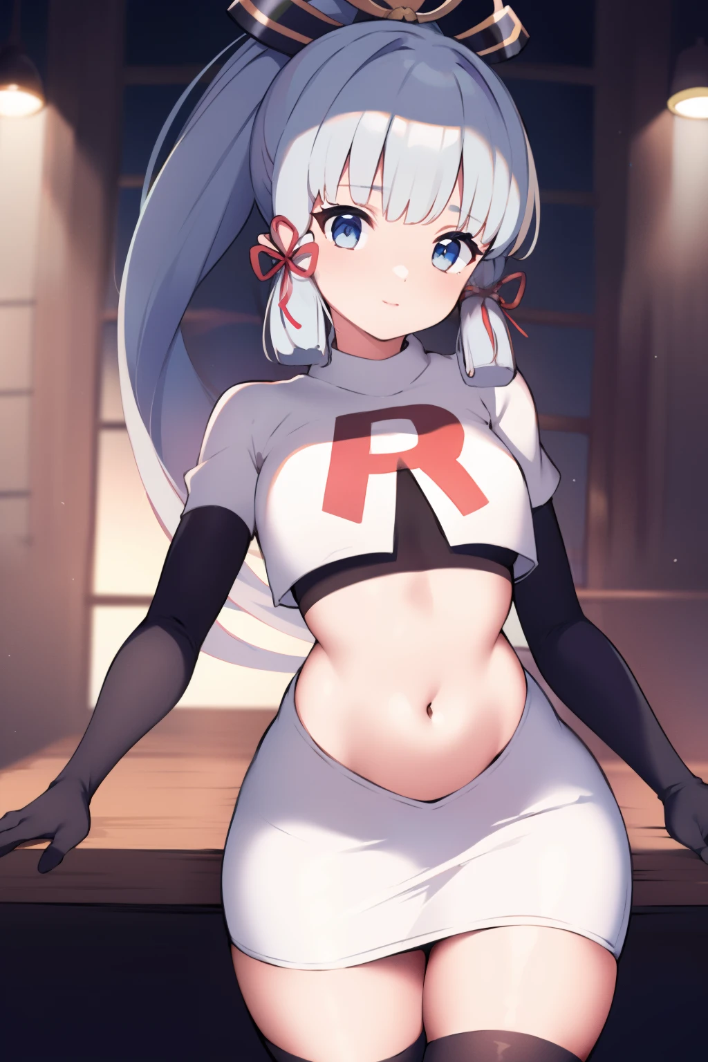 (masterpiece, best quality, ultra-detailed, illustration),genshin impact, kamisato, 1girl,solo,ayaka hair ornament,cowboy shot,ponytail, blunt bangs,blue eyes, eyebrows visible through hair, long hair, silver hair, looking at viewer,medium breasts,team rocket,team rocket uniform,white skirt,crop top,black thigh-highs,black elbow gloves,,