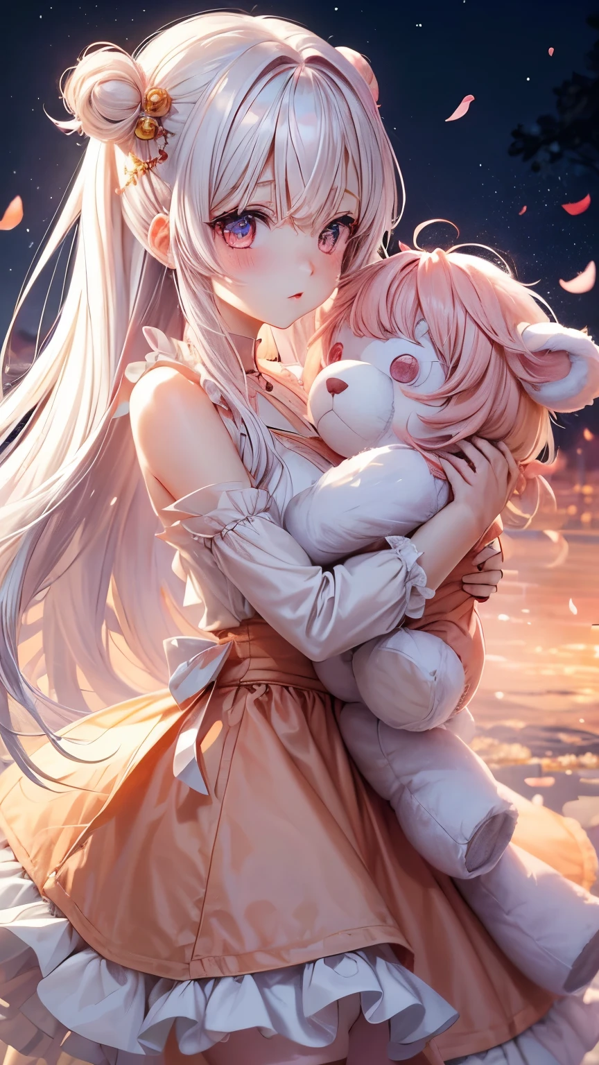 Create images of cute anime girls. White hair mixed with pink and peach ends Long hair tied on both sides, peach pink eyes, white outfit mixed with peach pink. Hug a white teddy bear