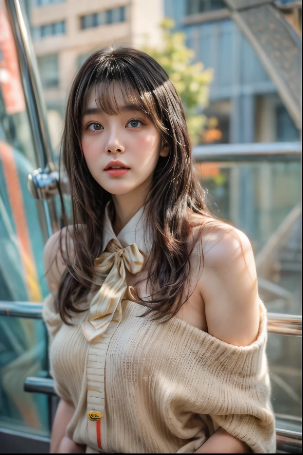 masterpiece、highest quality、cinema、(Detailed both eyes)、(cute japanese woman、bangs:1.3)、23 years old、2 girls、elegant、black hair、(auraroid photo:1.2)、