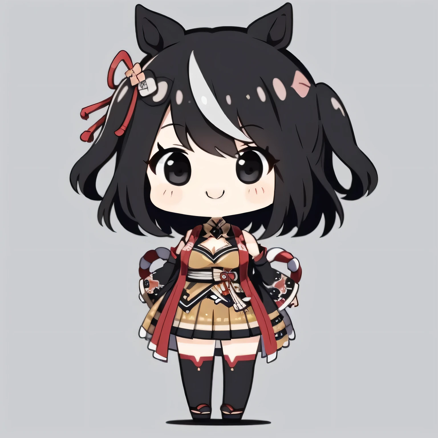 Kitasan_black_umamusume, animal ears, short hair, striped hair, hair ornaments, medium breasts, horse tail, cleavage, clothing clippings, removed sleeve, shimenawa, skirt, blackニーソ, masterpiece、Little、Little, smile, Color 0n icon、ik1、full body description, 1 girl、cartoon bones、a bit:1,a bitkyara, cowboy shot, alone, dynamic pose, a bit, Full body Esbian, white background, solid background, simple background