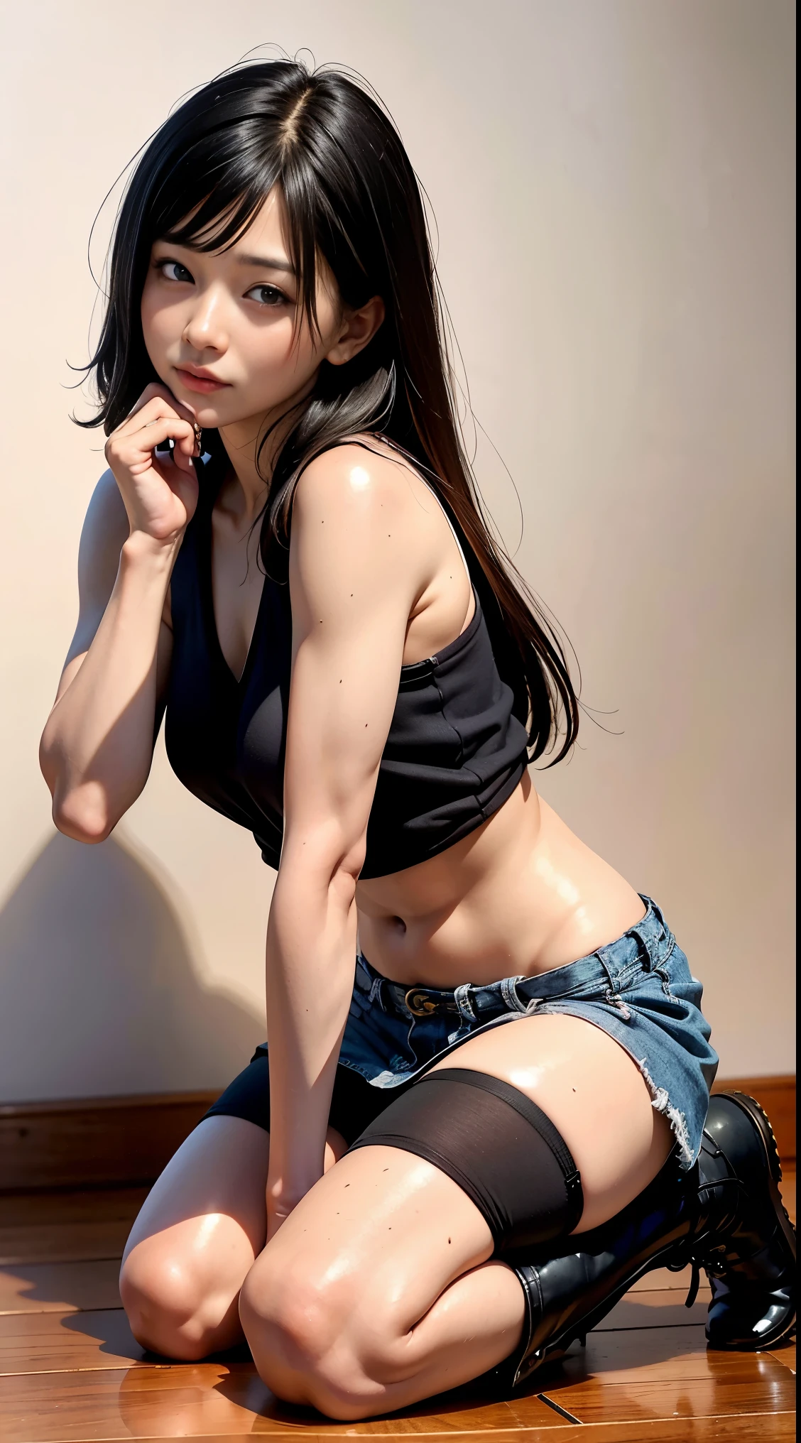 (((In 8K. HDR.hyper realism、master piece 1.2、wlop1、cinematic、Detailed content、Live photo 1.2, Highest quality 1.2、 Super detailed、very detailed、perfect shading、Low angle full body shot 1.2、1 photo、Commercial photo 1.2、50mm 、film grain)))、(((long hair、straight hair、bob hair、black hair、bangs)))(((sleeveless shirt、floral skirt、Dr Martens Boots)))((( simple background、gray background)))(((sweaty body、immature々meat、)))(((japanese woman, 18-year-old、small face1.2、5 finger body image 1.3)))、(brown skin、small breasts、small breasts、筋meatの腕と脚、glamorous body、Skin details highlighting veins glistening with sweat、Fine skin with visible pores、reality, Fine skin like downy hair, realistic and detailed skin、Realistic face with freckles、very fine and beautiful face、beautiful and well-proportioned face、very pretty face)