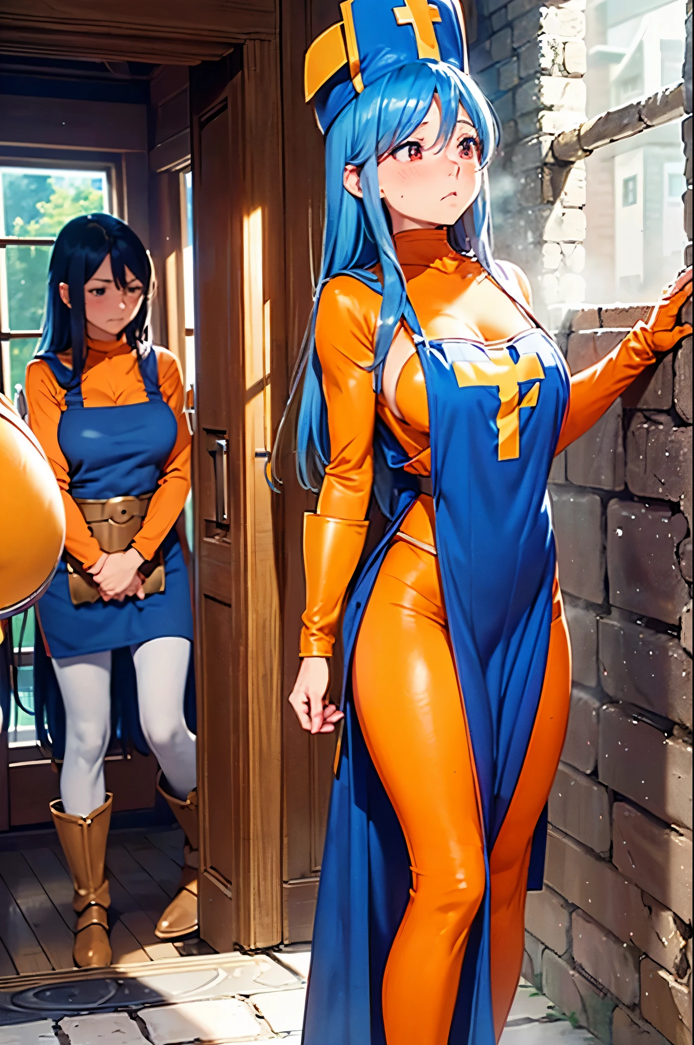 (game cg), from front, cowboy shot, breasts focus, close-up, (2boys:1.2) and (1girl), hetero, (priest(dq3):1.3), (arched back), eye contact, (zentai, bodystocking), blue long apron, apron over zentai, apron over bodystocking, blue hair, small breasts, (breast grab:1.4), (girl is arms up:1.1), (tired, embarrassed:1.3), (blush), closed mouth, gleaming skin, (A man on either side of a woman, A woman caught between men), (Men wear armor:1.4), (steam:1.3), stone wall, (masterpiece, highest quality, High resolution:1.3)