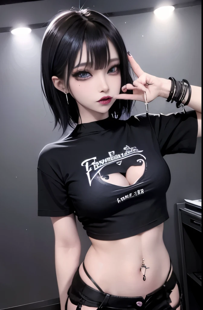 Goth woman, (goth makeup), (brown skin), (a t-shirt and skinny mini shorts), (show under ), (fishnet stockings), (navel jewellery), (pierced ears), (pierced lips), blue eyes, short messy black emo hair, (bedroom background), thick thighs, medium breasts, (8K), (wallpaper), (dynamic lighting), (detailed face and eyes:1.2)