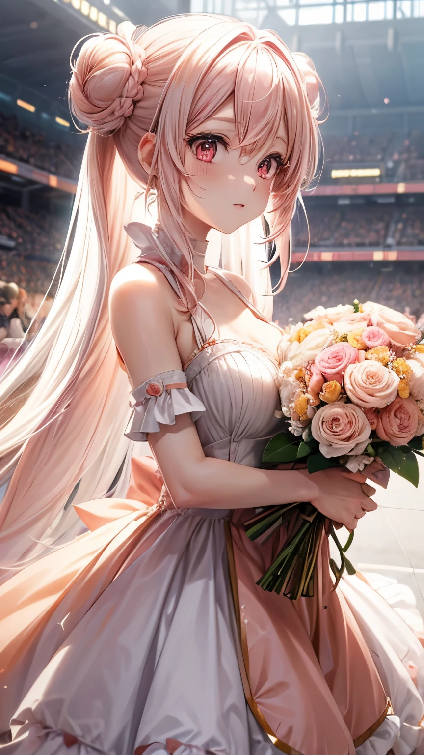 Create images of cute anime girls. White hair mixed with pink and peach at the ends, long hair tied in a bun in the middle of the head, peach pink eyes, white dress mixed with peach pink, holding a bouquet of flowers.
