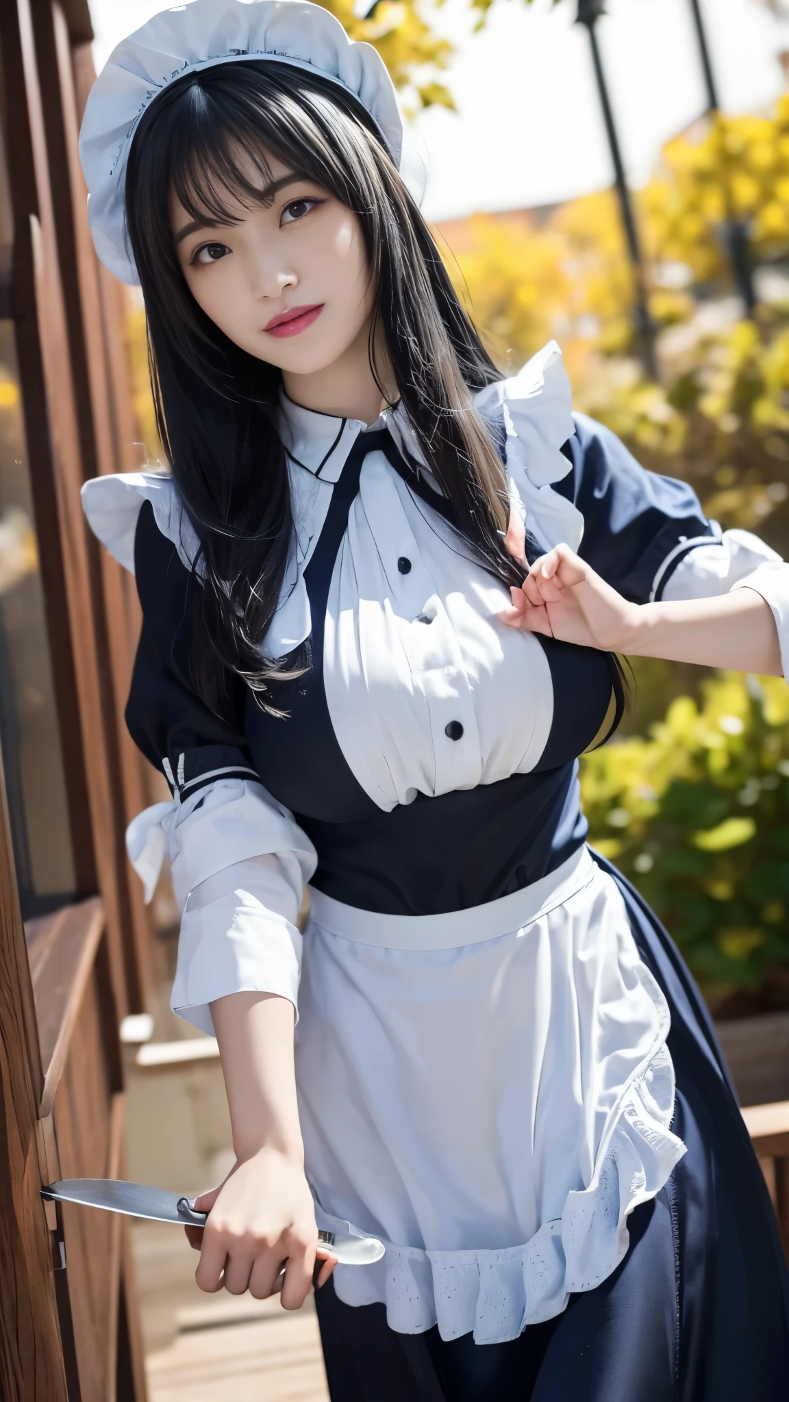 ((16 Nights Sakiya)), ((Touhou Project)), Cosplay, 20-year-old woman, (((black hair)), ((medium long hair)), ((sexy intricate blue maid outfit)), ((white blouse)), midchest, (light)))), (pose))), (photorealistic photo: 1.3), rim lighting, (high detail skin:1.2), 8K UHD, dslr, high quality, high resolution, 4K, 8K, Bokeh, Absurdity, Best ratio four fingers and one thumb, (Real:1.3), Cutest 1 Girl, Lots of Knives, gigantic breasts and slender body