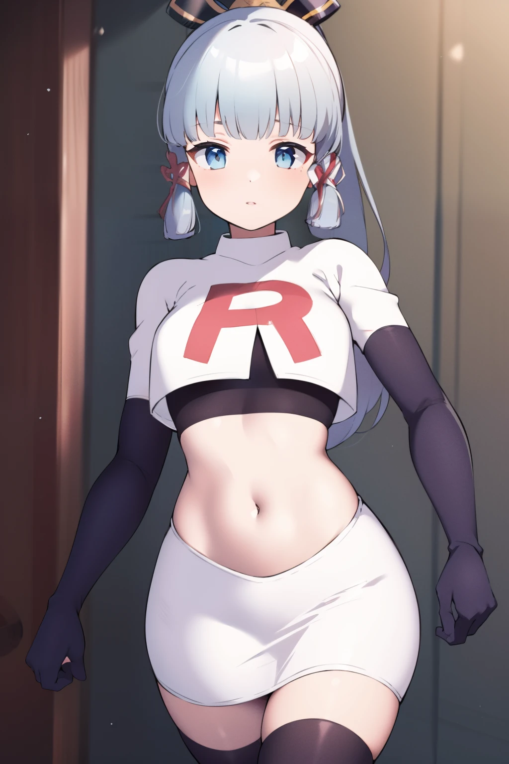 (masterpiece, best quality, ultra-detailed, illustration),genshin impact, kamisato, 1girl,solo,ayaka hair ornament,cowboy shot,ponytail, blunt bangs,blue eyes, eyebrows visible through hair, long hair, silver hair, looking at viewer,medium breasts,team rocket,team rocket uniform,white skirt,crop top,black thigh-highs,black elbow gloves,,