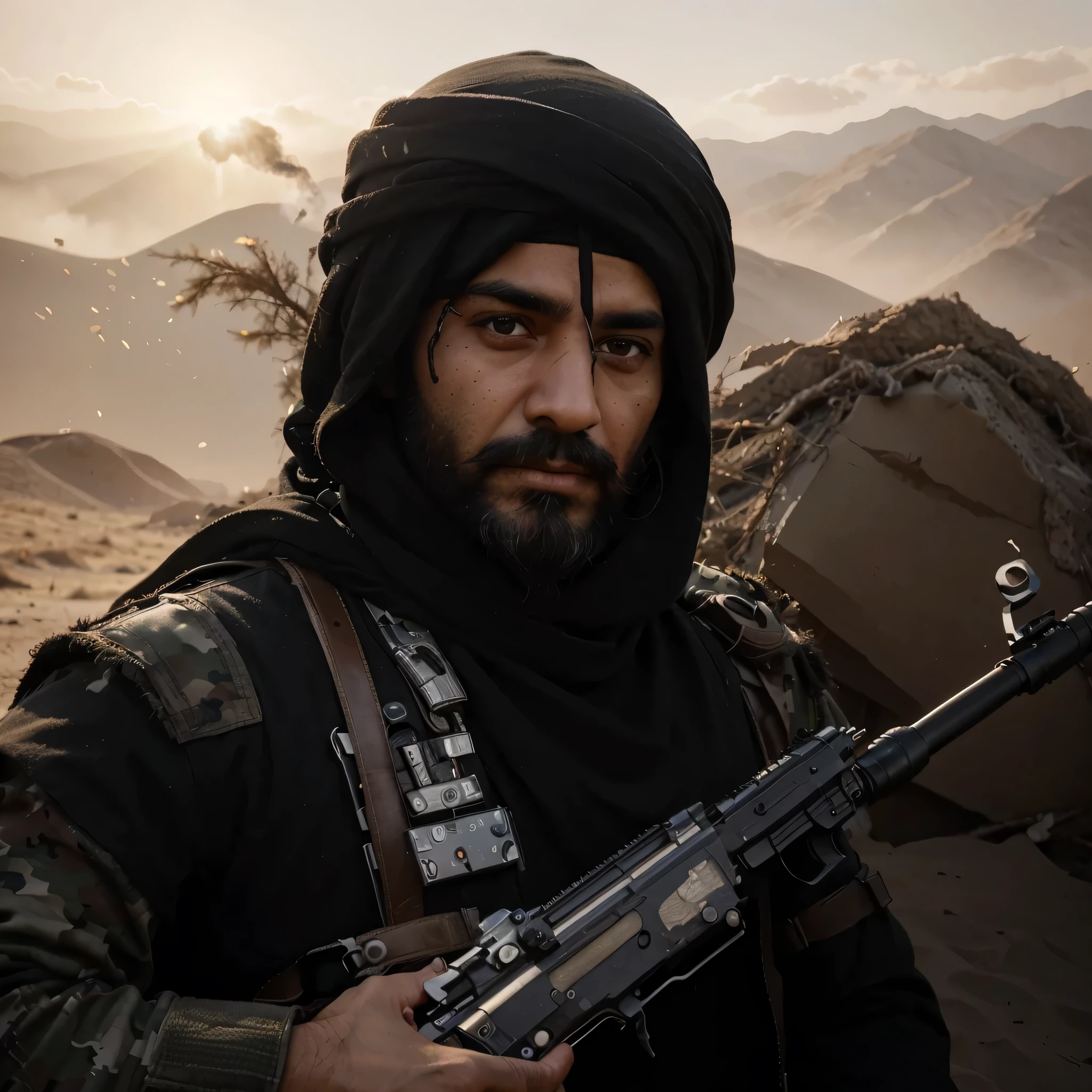 Soldado masculino, Mature adult arab face with some wrinkles., pelo negro, Barba negra gruesa, his head is covered by a black turban, uniforme militar negro, Sosteniendo un rifle de asalto, he is in the desert mountains, mucho humo y explosiones, 4k , ultra detallado image, Realista, muy detallado, perfect composition, gorgeous, Intrincadamente detallado, incredibly detailed, 8 k artistic photography, hiper detallado, obra maestra, ultra detallado, hyper Realista, 4k, ultra detallado image, Realista, muy detallado, perfect composition , hermoso, Intrincadamente detallado, incredibly detailed, 8 k artistic photography, hiper detallado, obra maestra