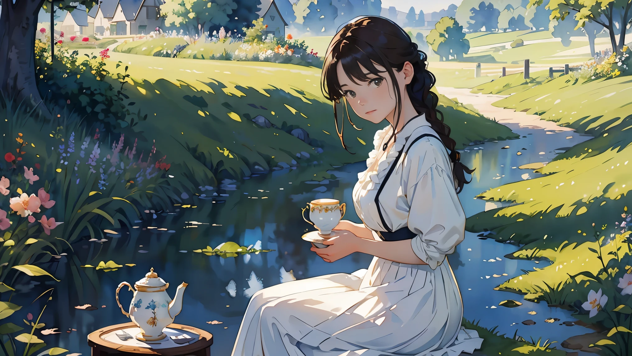 (Watercolor painting in Sargent style)、(top quality、Masterpiece)、soft light、View of the Cotswolds,Old farmhouse、creek、flowering、a lady、dark brown hair、Braided hair、White shirt and long skirt、having picnic、Time to drink tea alone、holding a teacup、