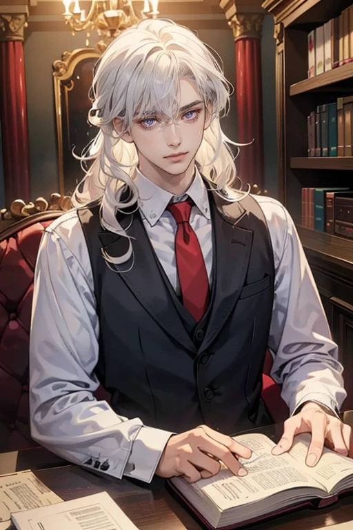 (tmasterpiece, high resolution, ultra - detailed:1.0), (1 boy, Young male), Eyes looking at the camera, Perfect male body, Extremely detailed CG, 8K wallpaper, Complicated details, solo person, Detailed face, color difference, Depth of field, dramatic shadow, Ray tracing, Best quality, Cinematic lighting, dark room lighting, masterpiece, 1guy, white hair, wavy curly hair, beautiful purple eyes, good guy expression, soft eyes, soft smile, kind smile white shirt, red neck tie, black slacks, sitting at a table, reading a book, red necktie, red vest, magic, portrait, atmosphere: magical library,