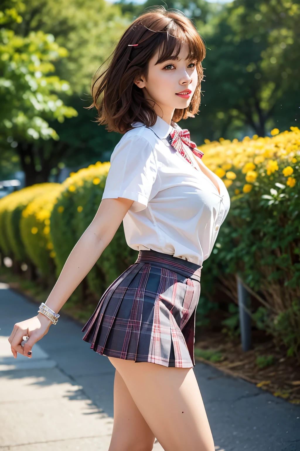 NSFW, 8K RAW photo, highest quality, masterpiece, ultra high resolution, film grain, movie, 1 girl, looking at the viewer, natural skin texture, Realistic eye and face details, full lips, lipstick, (compensate), red eyeshadow, Fluffy shorthair, messy hair, smile, close your mouth, beautiful foot, tall woman, skinny, slim_foot, alone, huge breasts, cleavage, pose with your butt facing yourself, super short skirt, teeth, shirt, beautiful natural location, Around the flower place, (detailed background), Plaid skirt, white shirt, huge breasts, cleavage, Show a little cleavage through the shirt, loafers, blurry background, blurry, holding, Plaid, short sleeve, JK ribbon on the neck, JK ribbon, brown hair, bracelet, water, bangs, school uniform, jewelry, parted lips, lips, From the side, pleated skirt, Depth of bounds written、nude