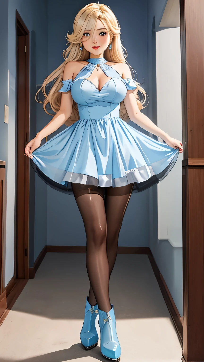 Rosalina, from Super Mario Galaxy, dressed in a (light-blue mini-dress:1.3), wearing (shiny sheer brown pantyhose:1.2), (huge breasts:1.1), low wedge heel booties, long straight platinum-blonde hair covering one eye, girly pose, masterpiece, 8k, amazing detail, emphasis on her legs and feet,