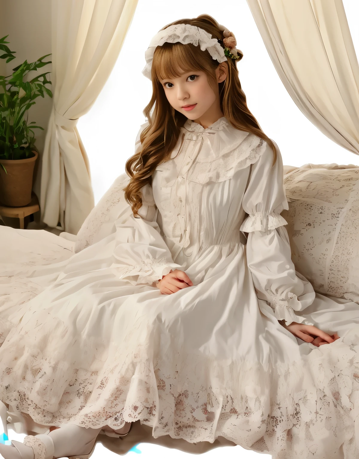 ,highest quality, masterpiece, highest resolution, artwork, super それにget used to it, many get used to it, get used to it, それにget used to it, 3K realistic photos,,((10 year old girl)),Super detailed baby face,
Beautiful girl illustration,detailed beautiful face detailed hair,detailed human eye ,detailed mouth, arm details,detailed hand,

european,(((blonde with super long rolls))),blue eyes,pajamas,night wear,((((white nightgown)))),((フリルとリボンが沢山付いたwhite nightgown)),((1920 style nightgowns)),,((headdress with frills and ribbons)),victorian nightgowns,Yoke collar with ruffles and ribbons,Long sleeves with ruffles,((Long skirt up to the ankle)),((The whole body is reflected)),socks with white frills and lace,Wearing slippers with frills and ribbons,Pillow with large frills and ribbons,detailed costumes,Detailed pillow,Sitting on the bed, 贅沢なcanopy bedの上,canopy bed,luxurious curtains under the canopy,many frilly pillows on the bed,super detailed background,Detailed bed,soft futon,フリルとリボンが沢山付いたDetailed bedカバー,romantic atmosphere,