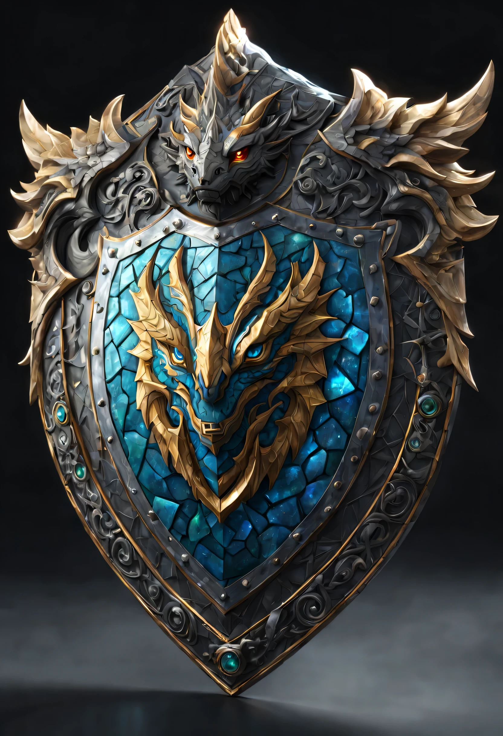 Aigis's shield:A deformed dragon design,Magic Stone,Metallic luster,inlay,beautiful Light and shadow,light reflection,orthan rendering,Draw in detail,Super detailed,clear pattern,beautiful,works of art,masterpiece,made by a master,legendary shield,aegis:shield,Photoreal,fantasy,3D,8K,three-dimensional sense,cool