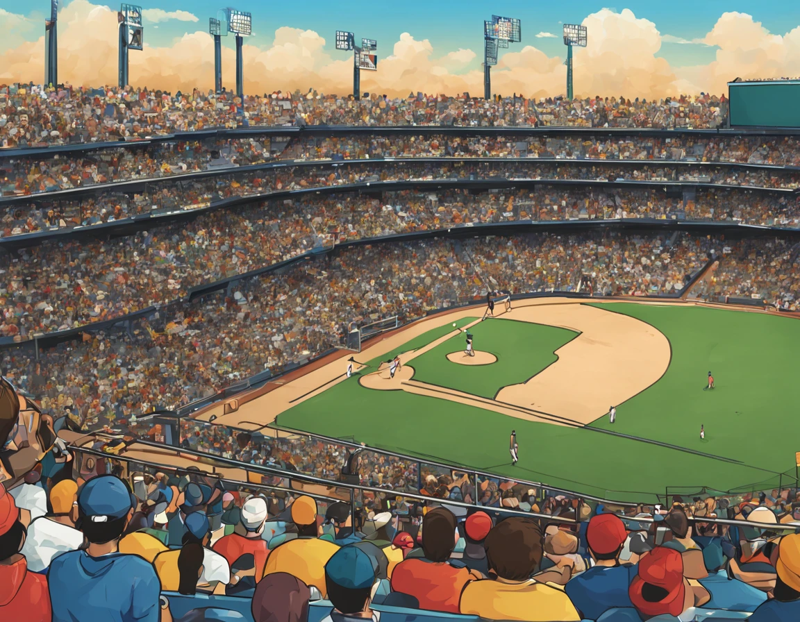 View of ball game from bleachers. Full house, hot air, illustration, 4K image,