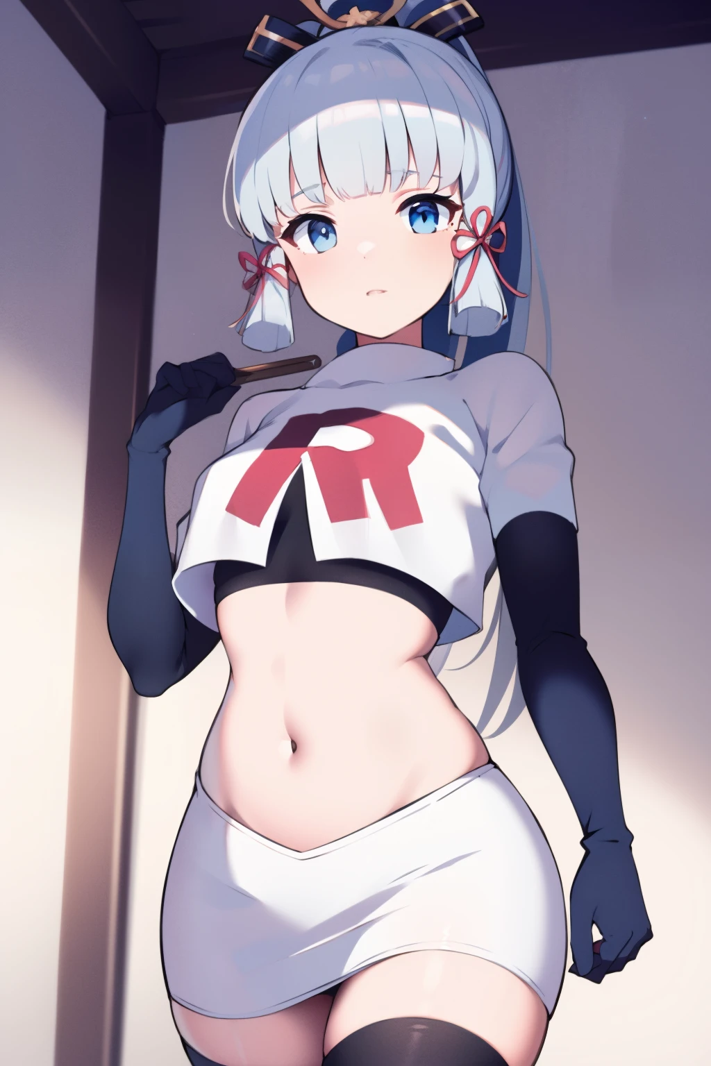 (masterpiece, best quality, ultra-detailed, illustration),genshin impact, kamisato, 1girl,solo,ayaka hair ornament,cowboy shot,ponytail, blunt bangs,blue eyes, eyebrows visible through hair, long hair, silver hair, looking at viewer,medium breasts,team rocket,team rocket uniform,white skirt,crop top,black thigh-highs,black elbow gloves,,
