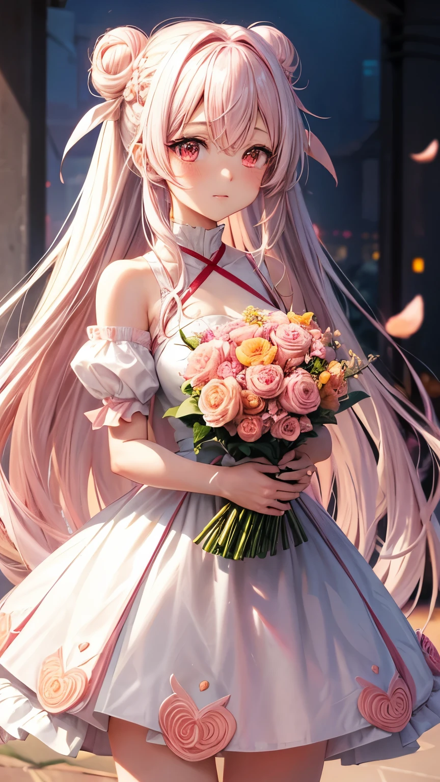 Create images of cute anime girls. White hair mixed with pink and peach at the ends, long hair tied in a bun in the middle of the head, peach pink eyes, white dress mixed with peach pink, holding a bouquet of flowers.