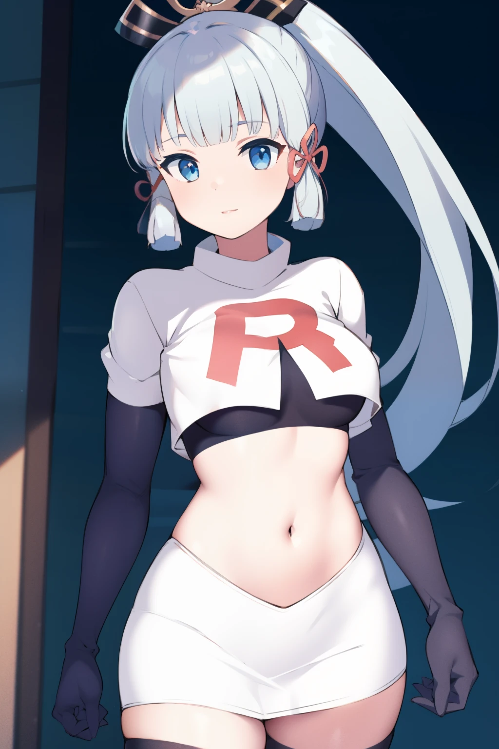 (masterpiece, best quality, ultra-detailed, illustration),genshin impact, kamisato, 1girl,solo,ayaka hair ornament,cowboy shot,ponytail, blunt bangs,blue eyes, eyebrows visible through hair, long hair, silver hair, looking at viewer,medium breasts,team rocket,team rocket uniform,white skirt,crop top,black thigh-highs,black elbow gloves,,