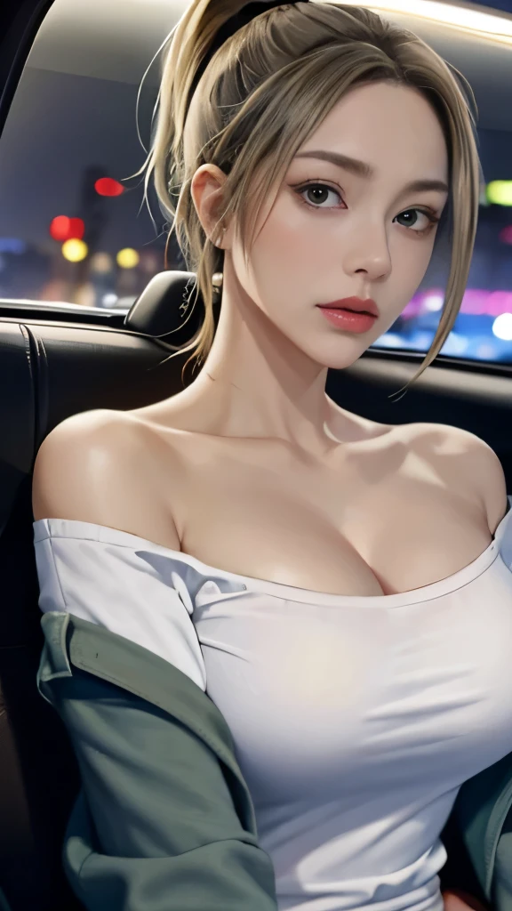 masterpiece, highest quality, 1 girl, naked shirt, shirt tug, shirt, off shoulder, ponytail, Sweaty armpits, A large loose jacket、downtown at night、big breasts、(Car passenger seat)