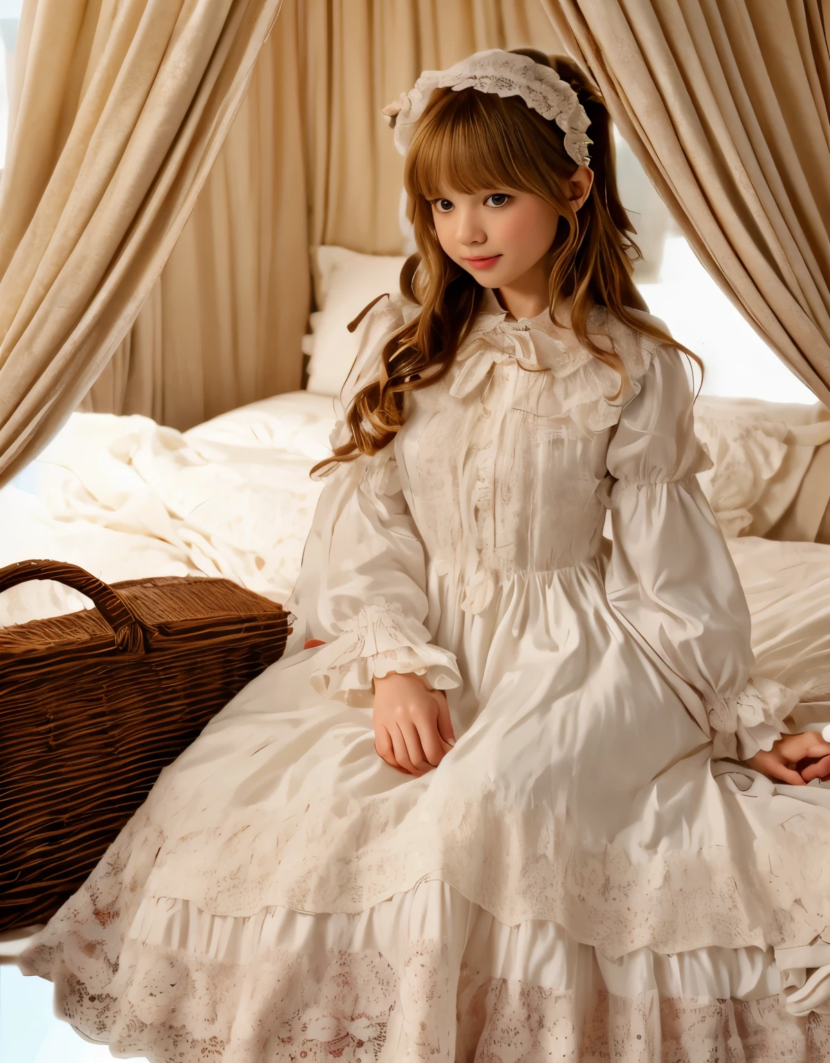 ,highest quality, masterpiece, highest resolution, artwork, super それにget used to it, many get used to it, get used to it, それにget used to it, 3K realistic photos,,((10 year old girl)),Super detailed baby face,
Beautiful girl illustration,detailed beautiful face detailed hair,detailed human eye ,detailed mouth, arm details,detailed hand,
european,(((blonde with super long rolls))),blue eyes,pajamas,night wear,((((white nightgown)))),((フリルとリボンが沢山付いたwhite nightgown)),((1920 style nightgowns)),,((headdress with frills and ribbons)),victorian nightgowns,Yoke collar with ruffles and ribbons,Long sleeves with ruffles,((Long skirt up to the ankle)),((The whole body is reflected)),socks with white frills and lace,Wearing slippers with frills and ribbons,Pillow with large frills and ribbons,detailed costumes,Detailed pillow,Sitting on the bed, 贅沢なcanopy bedの上,canopy bed,luxurious curtains under the canopy,many frilly pillows on the bed,super detailed background,Detailed bed,soft futon,フリルとリボンが沢山付いたDetailed bedカバー,romantic atmosphere,
