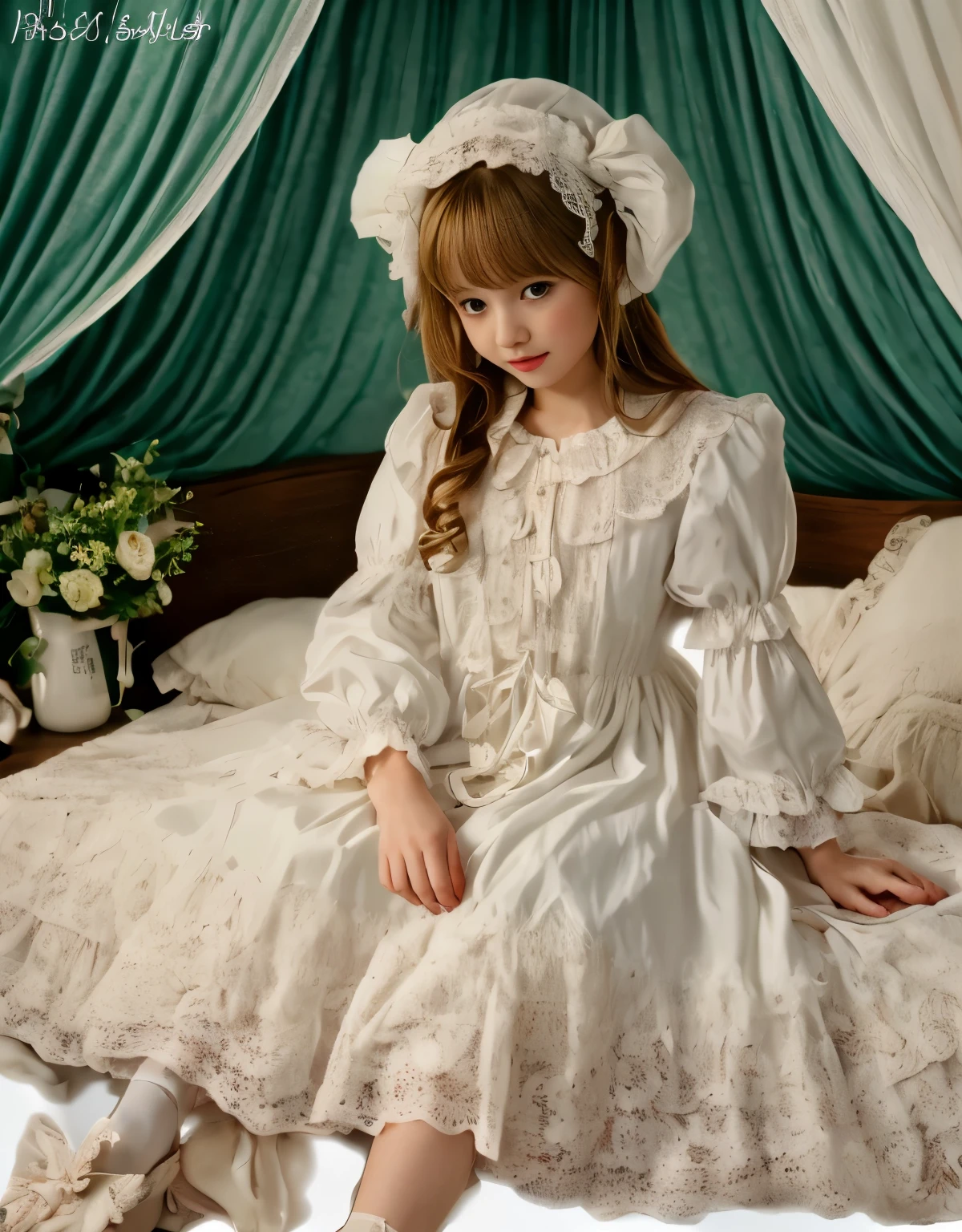 ,highest quality, masterpiece, highest resolution, artwork, super それにget used to it, many get used to it, get used to it, それにget used to it, 3K realistic photos,,((10 year old girl)),Super detailed baby face,
Beautiful girl illustration,detailed beautiful face detailed hair,detailed human eye ,detailed mouth, arm details,detailed hand,
european,(((blonde with super long rolls))),blue eyes,pajamas,night wear,((((white nightgown)))),((フリルとリボンが沢山付いたwhite nightgown)),((1920 style nightgowns)),,((headdress with frills and ribbons)),victorian nightgowns,Yoke collar with ruffles and ribbons,Long sleeves with ruffles,((Long skirt up to the ankle)),((The whole body is reflected)),socks with white frills and lace,Wearing slippers with frills and ribbons,Pillow with large frills and ribbons,detailed costumes,Detailed pillow,Sitting on the bed, 贅沢なcanopy bedの上,canopy bed,luxurious curtains under the canopy,many frilly pillows on the bed,super detailed background,Detailed bed,soft futon,フリルとリボンが沢山付いたDetailed bedカバー,romantic atmosphere,