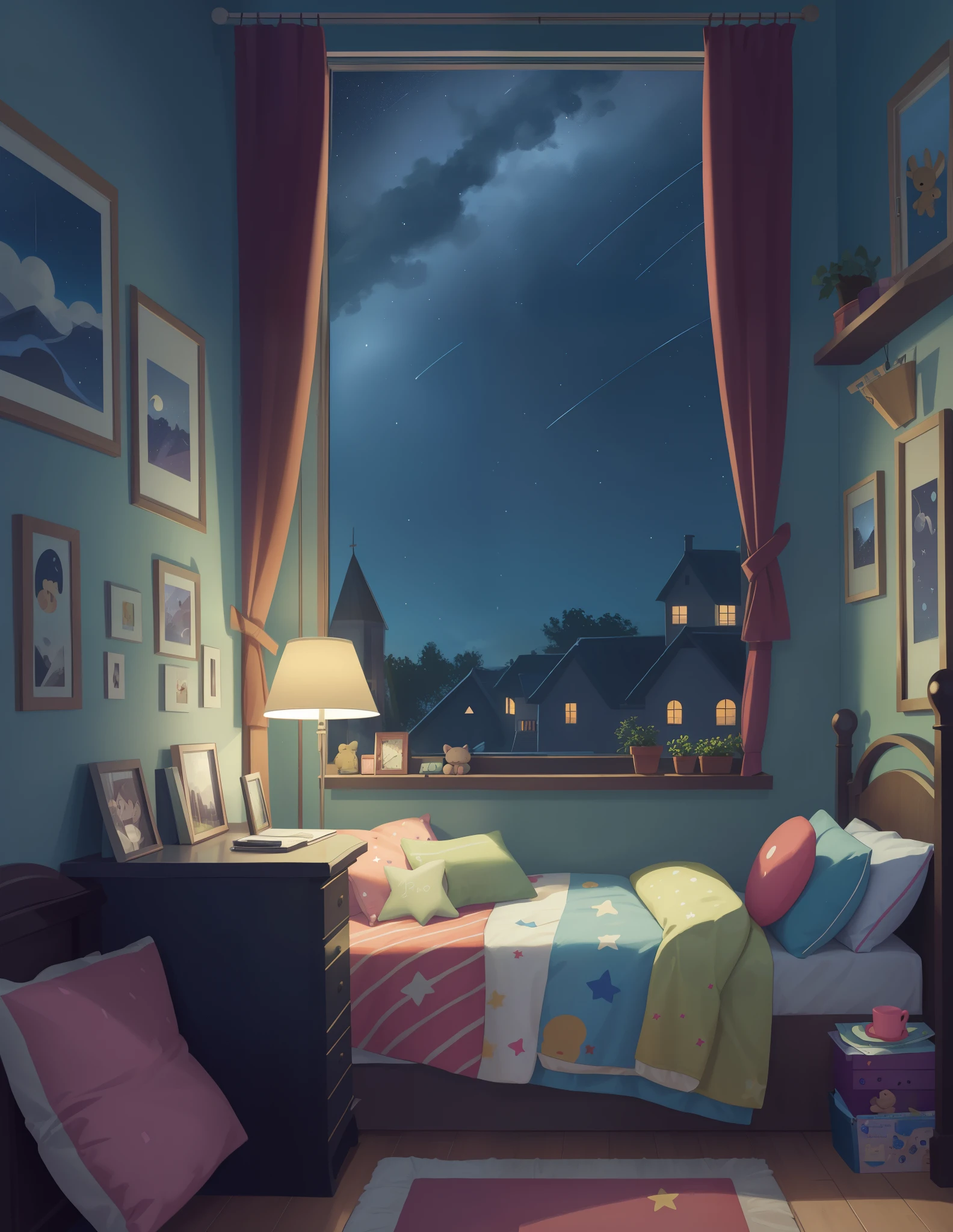 A children's bedroom window showing the night sky, starry and magical night, dark room