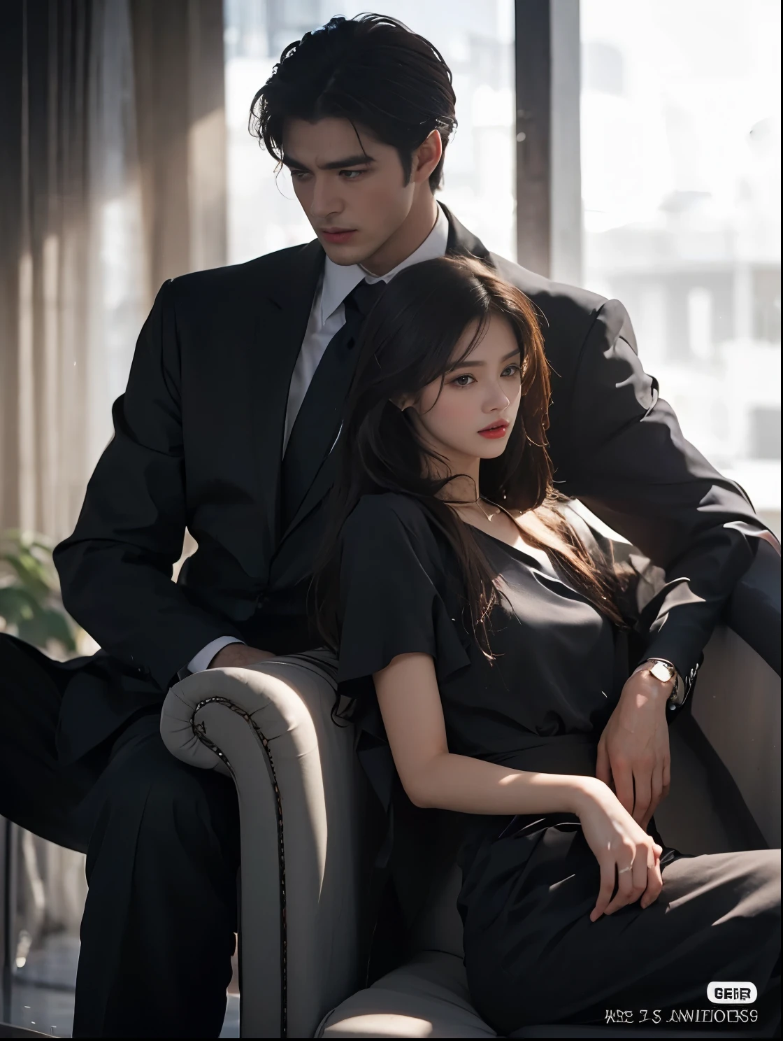 a handsome young man, in a nice looking suit, sitting on a chair with two beautiful woman with big breast in black lingerie posing i front of him