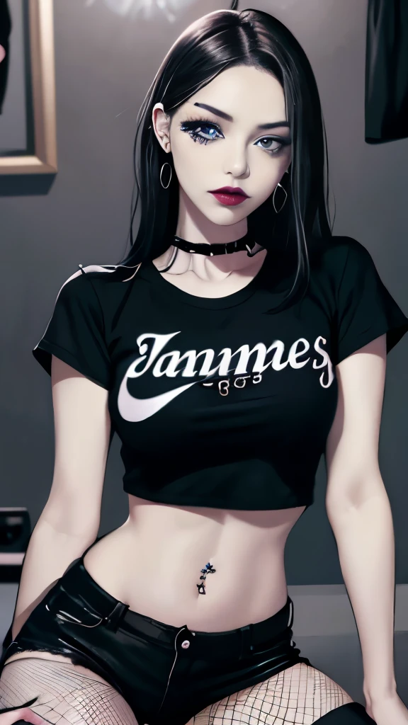 Goth woman, (goth makeup), (White skin), (a t-shirt and skinny mini shorts), (show under ), (fishnet stockings), (navel jewellery), (pierced ears), (pierced lips), blue eyes, short messy black emo hair, (bedroom background), thick thighs, medium breasts, (8K), (wallpaper), (dynamic lighting), (detailed face and eyes:1.2)、巨乳、(車の助手席)