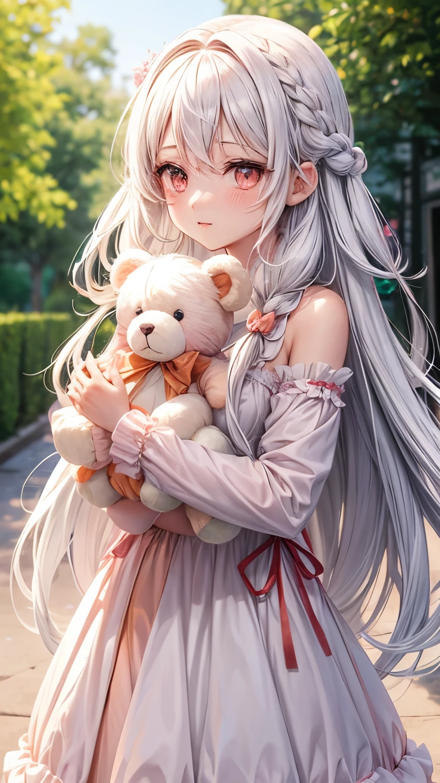 Create an image of a cute anime girl with white hair, long hair, tied hair, peach pink eyes, a white dress mixed with peach pink. Hug a white teddy bear