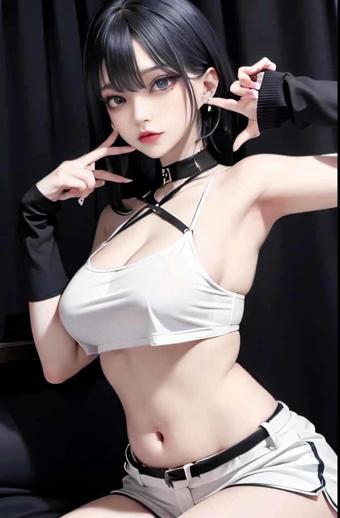Goth woman, (goth makeup), (White skin), (a t-shirt and skinny mini shorts), (show under ), (fishnet stockings), (navel jewellery), (pierced ears), (pierced lips), blue eyes, short messy black emo hair, (bedroom background), thick thighs, medium breasts, (8K), (wallpaper), (dynamic lighting), (detailed face and eyes:1.2)、巨乳、大きいシャツ、naked シャツ, シャツ tug, シャツ, オフショルダー,